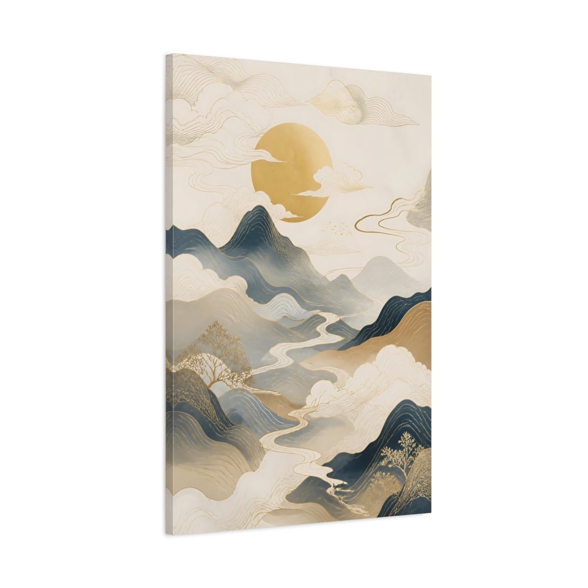 Nature Mountains River Blue Gold Landscape Canvas Wall Art Print – Abstract Living Room, Above Couch - YesArtYes