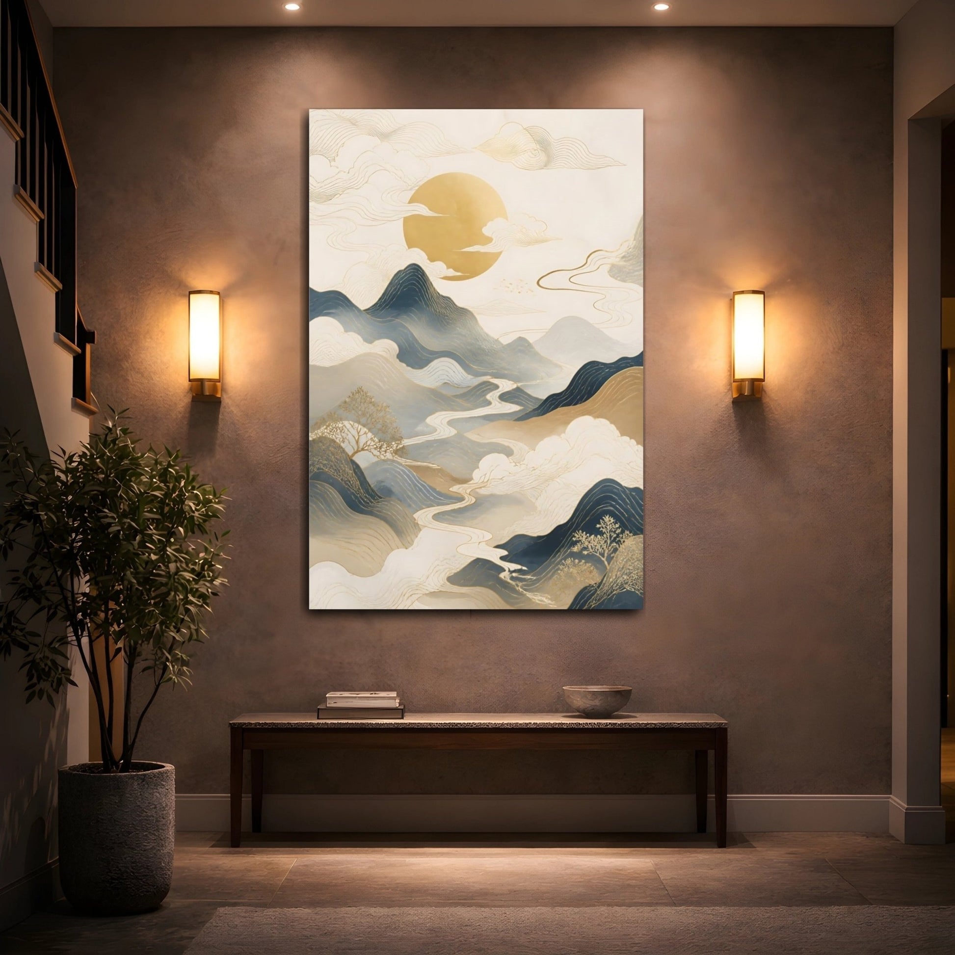 Nature Mountains River Blue Gold Landscape Canvas Wall Art Print – Abstract Living Room, Above Couch - YesArtYes