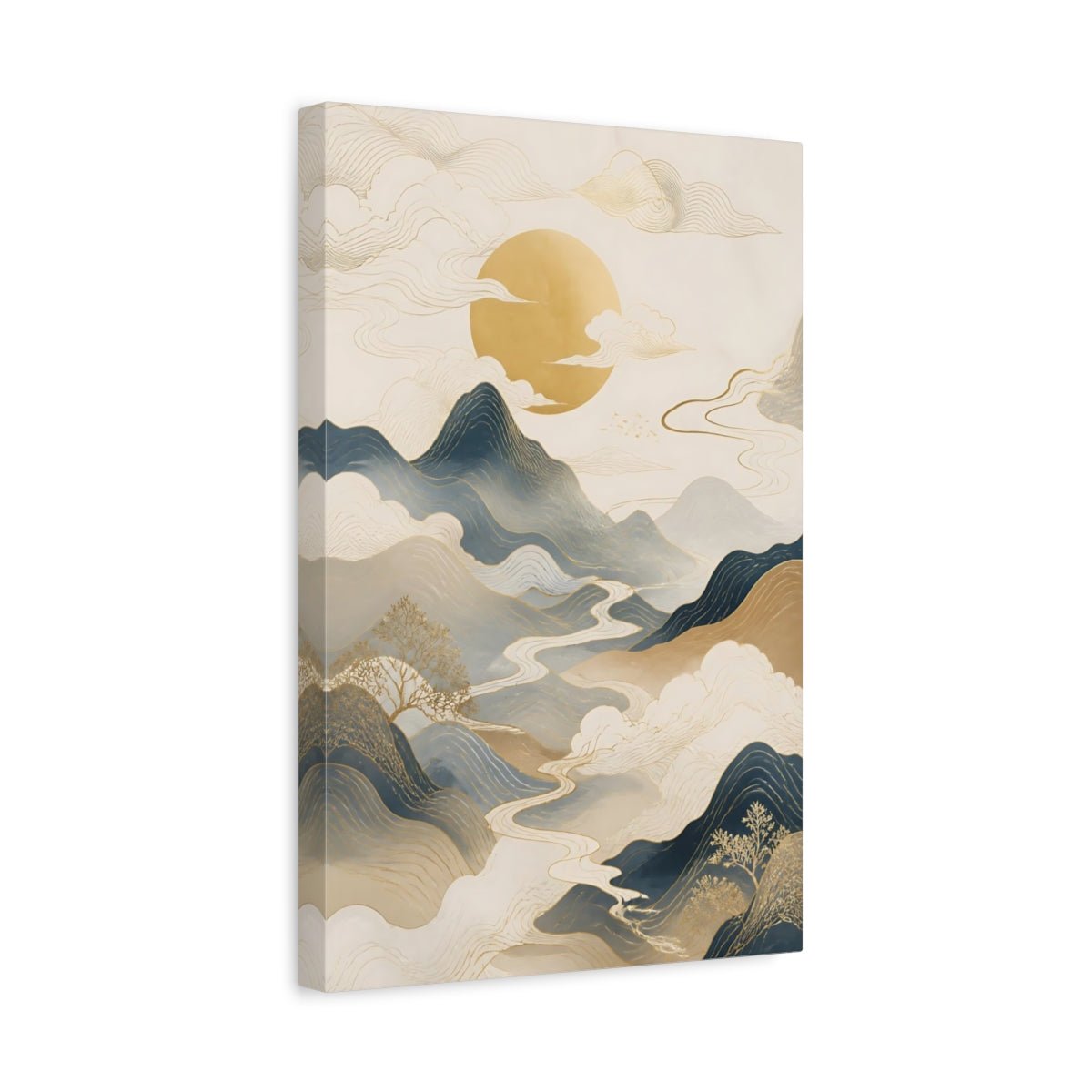 Nature Mountains River Blue Gold Landscape Canvas Wall Art Print – Abstract Living Room, Above Couch - YesArtYes