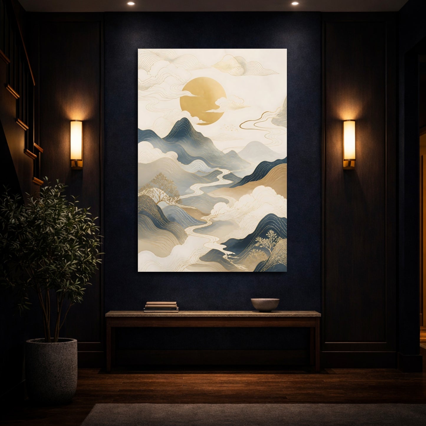 Mockup 4. Nature Mountains River Blue Gold Landscape shown as stretched canvas wall art