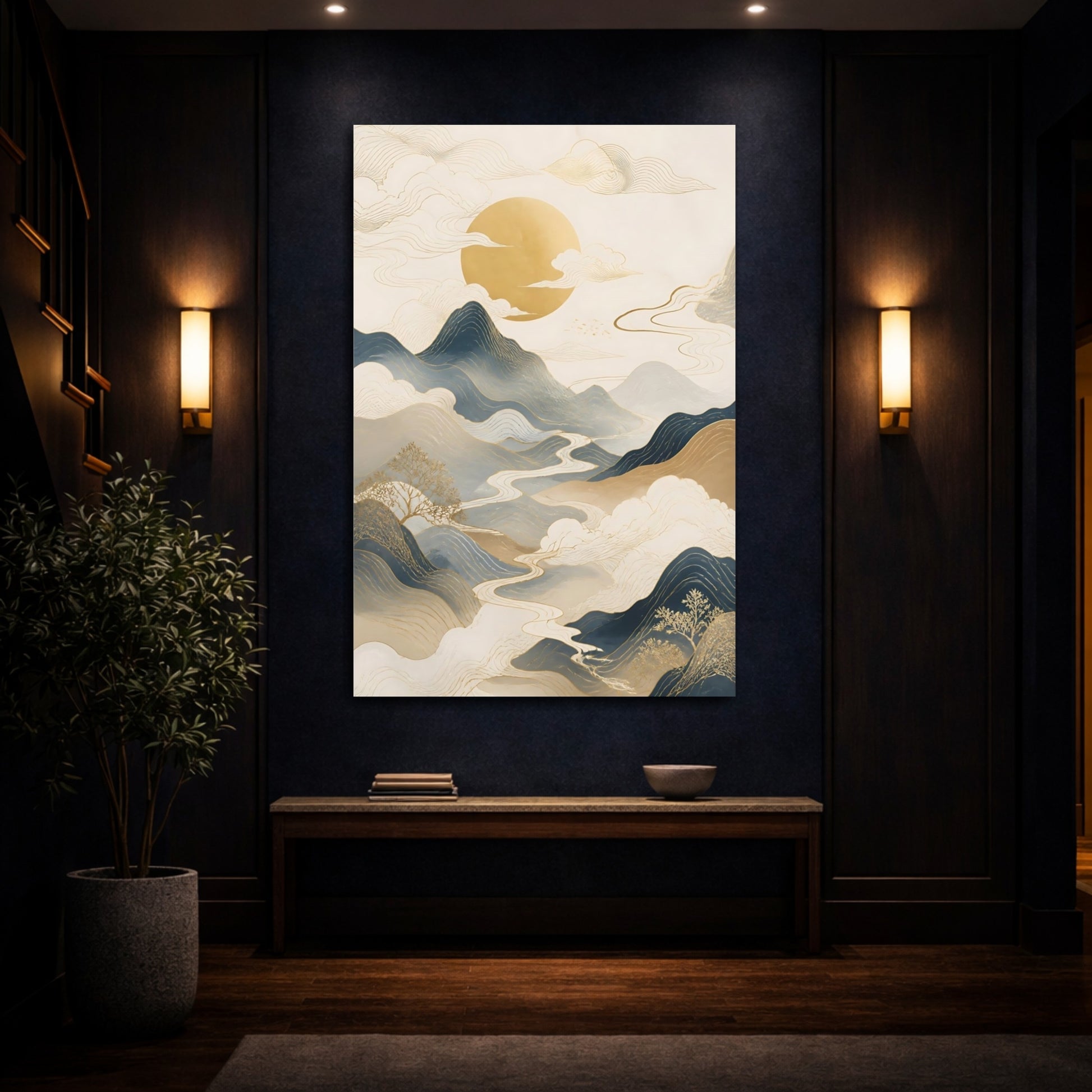 Mockup 4. Nature Mountains River Blue Gold Landscape shown as stretched canvas wall art