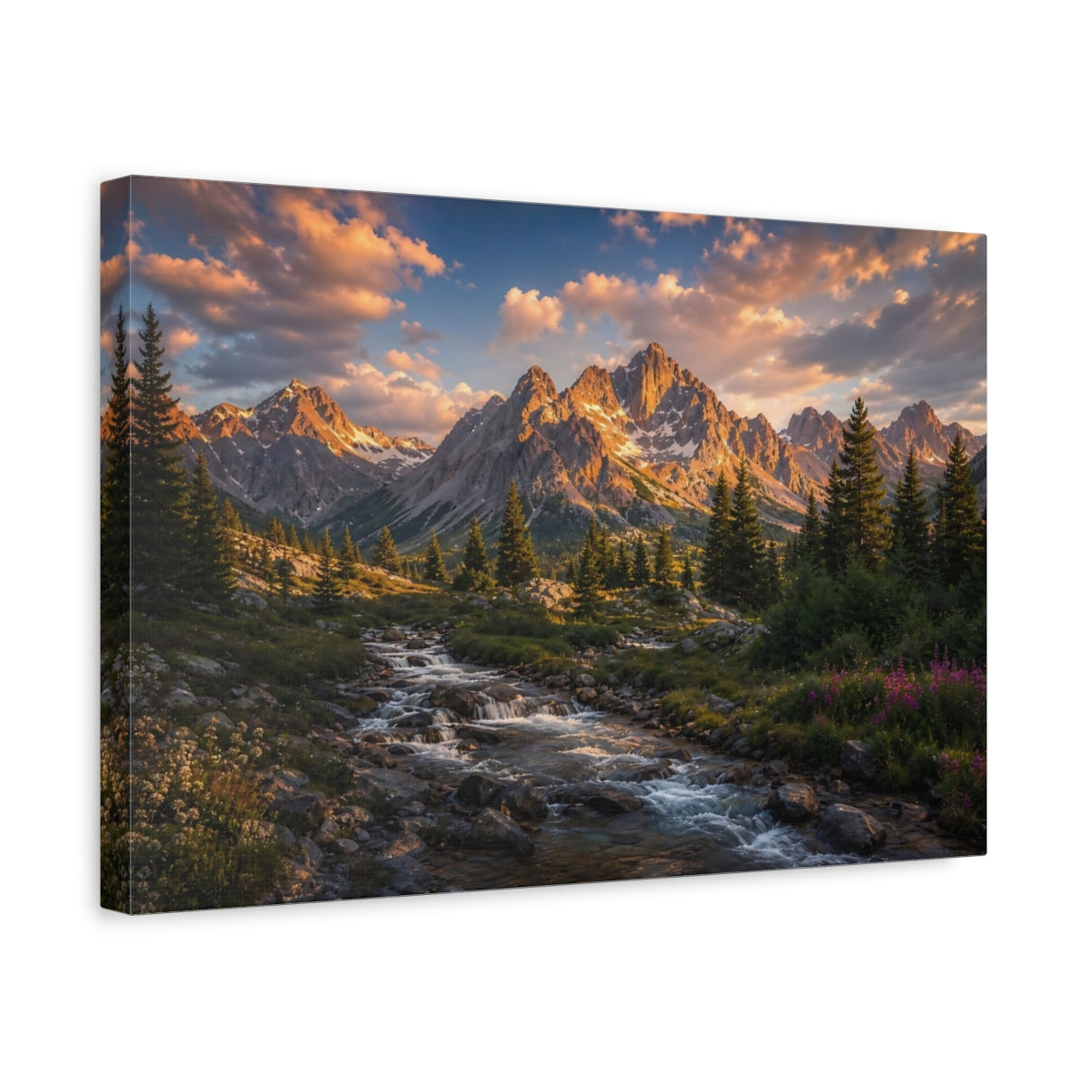 Side Mockup 4. Nature Mountains Mountain River Sunset shown as stretched canvas wall art