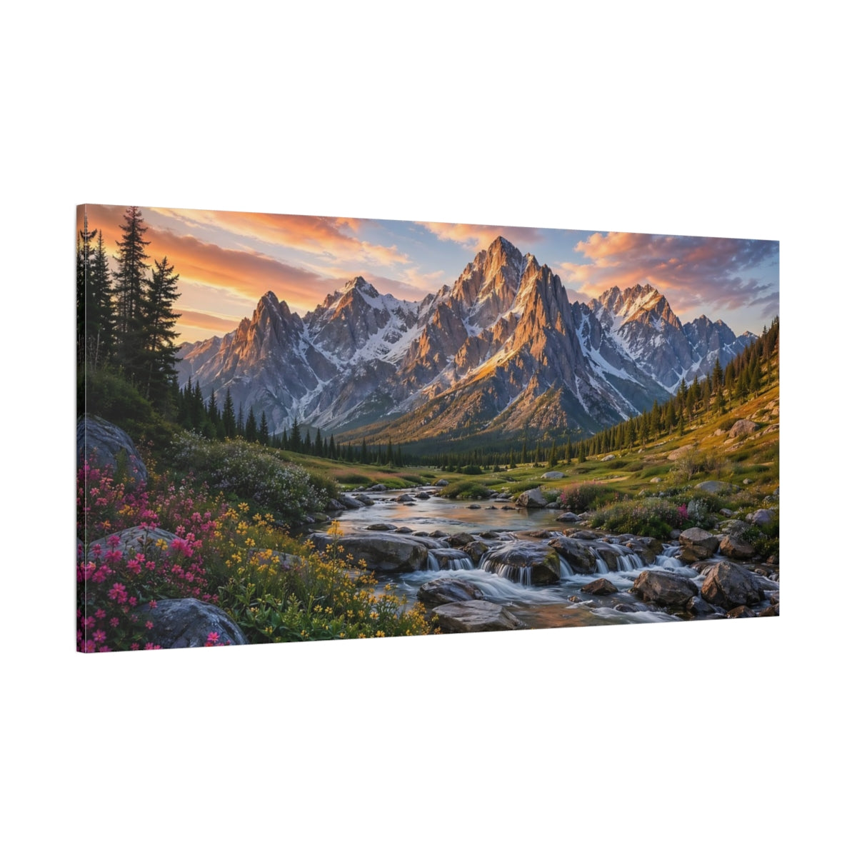 Side Mockup 2. Nature Mountains Mountain River Sunset shown as stretched canvas wall art