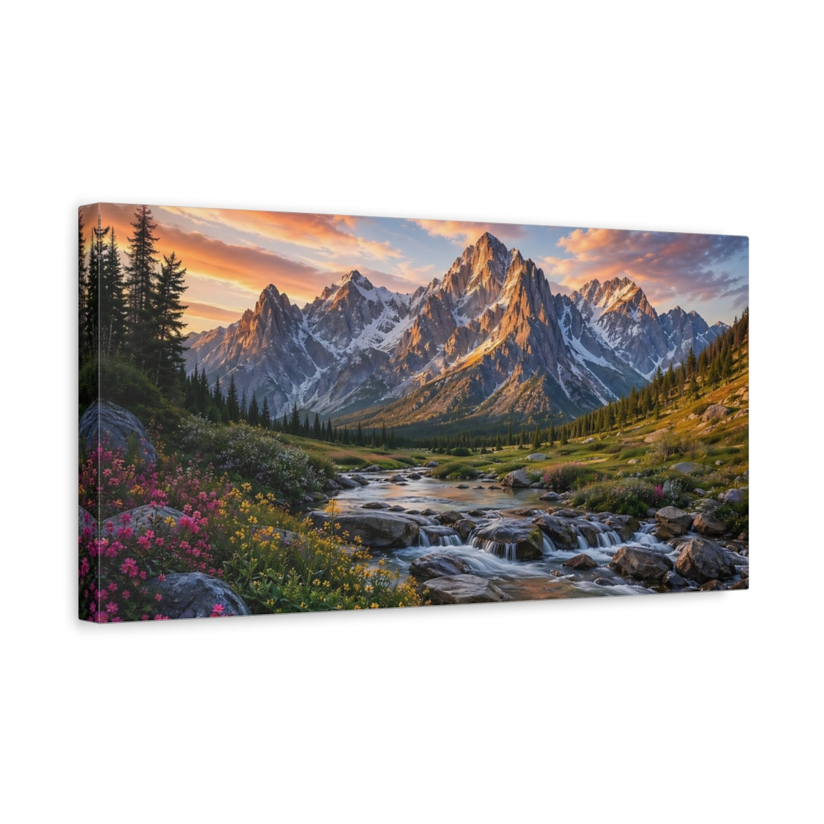Side Mockup 3. Nature Mountains Mountain River Sunset shown as stretched canvas wall art