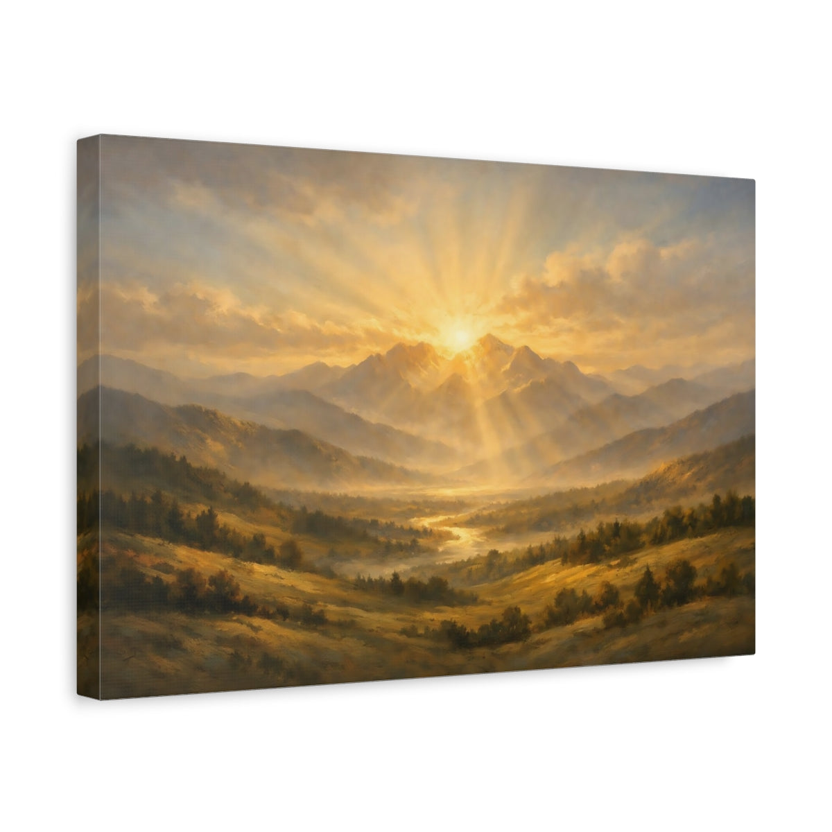 Side Mockup 4. Nature Mountains, Sunrays Golden Mountain Landscape shown as stretched canvas wall art