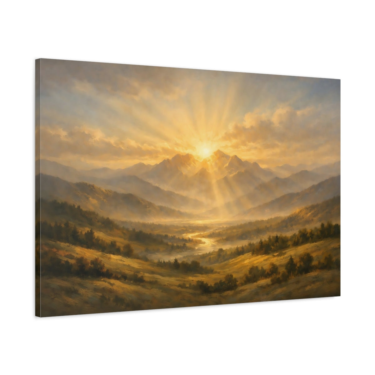Side Mockup 1. Nature Mountains, Sunrays Golden Mountain Landscape shown as stretched canvas wall art