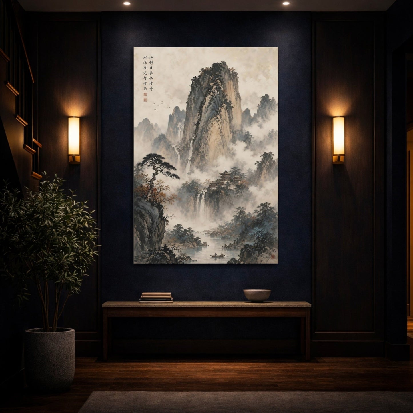 Nature Mountains Waterfalls Chinese Landscape Canvas Wall Art Print – Ink Wash Living Room, Above Couch - YesArtYes