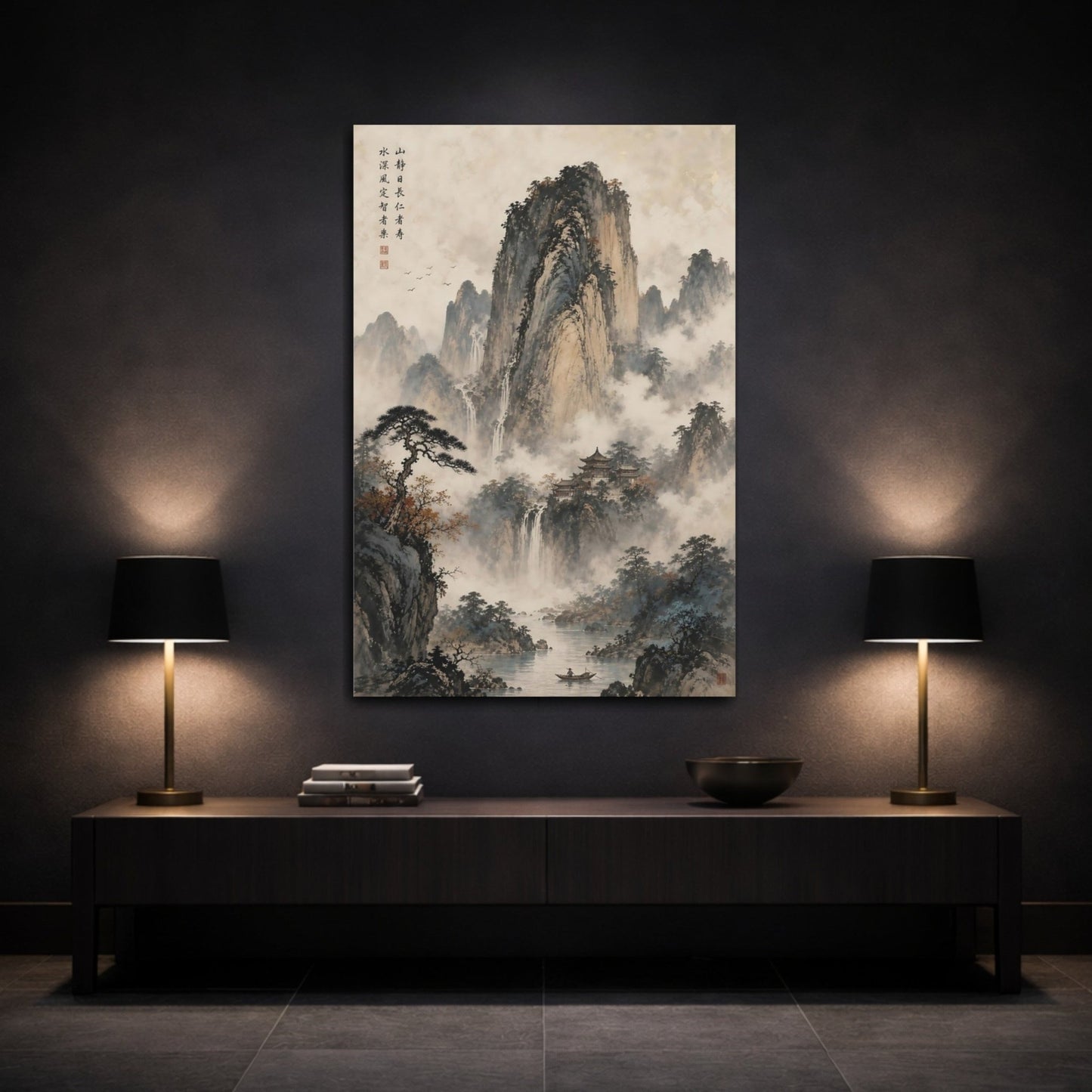Nature Mountains Waterfalls Chinese Landscape Canvas Wall Art Print – Ink Wash Living Room, Above Couch - YesArtYes