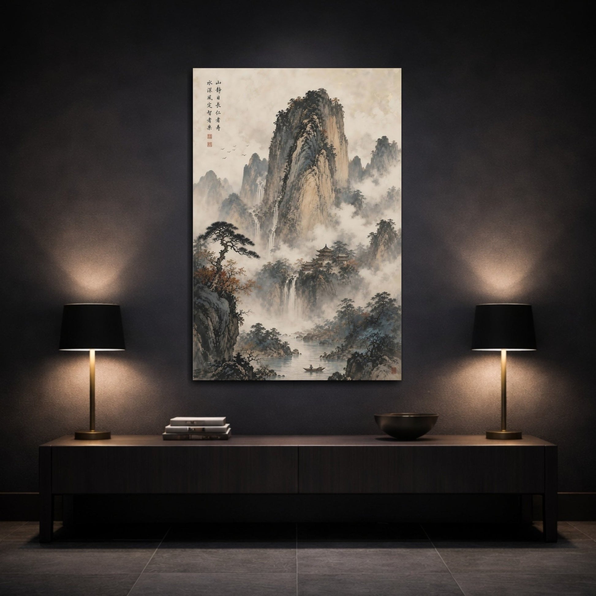Nature Mountains Waterfalls Chinese Landscape Canvas Wall Art Print – Ink Wash Living Room, Above Couch - YesArtYes