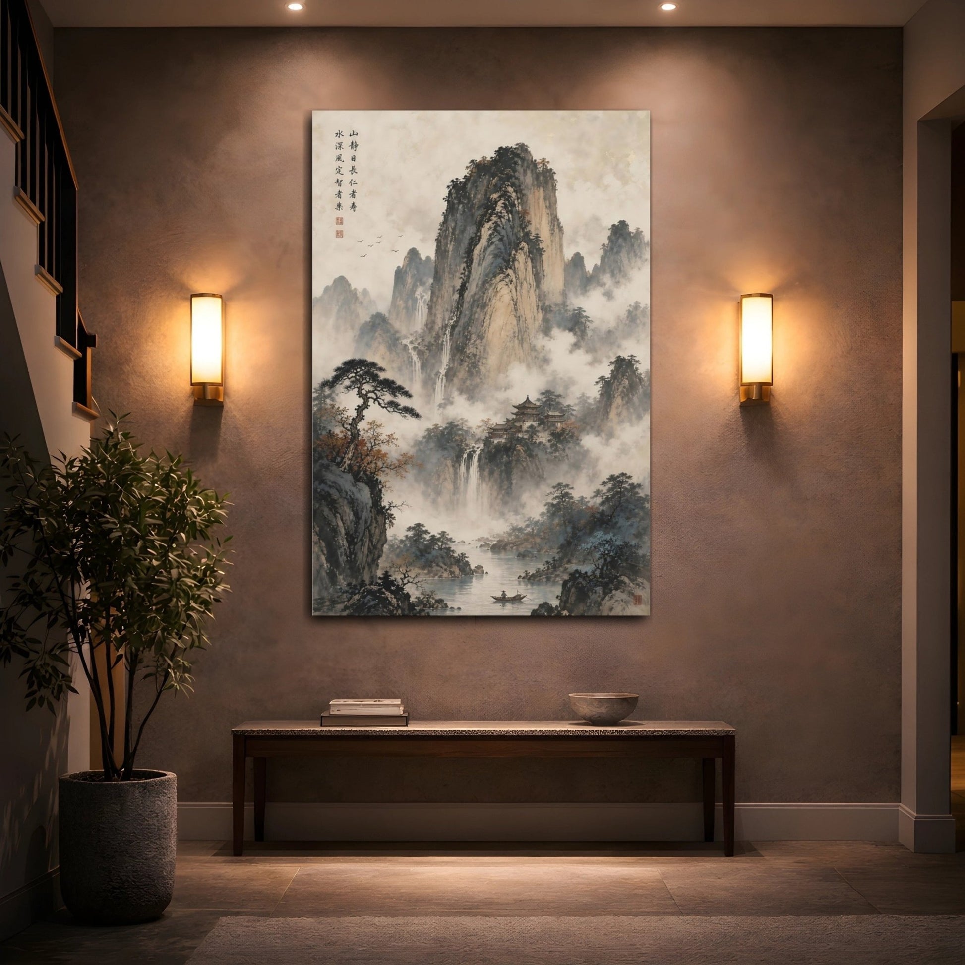 Nature Mountains Waterfalls Chinese Landscape Canvas Wall Art Print – Ink Wash Living Room, Above Couch - YesArtYes