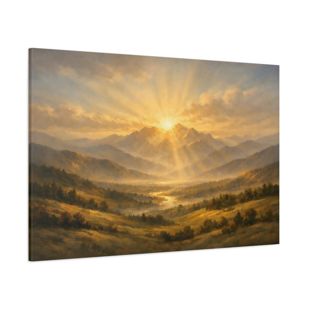Main Mockup. Nature Mountains, Sunrays Golden Mountain Landscape shown as stretched canvas wall art