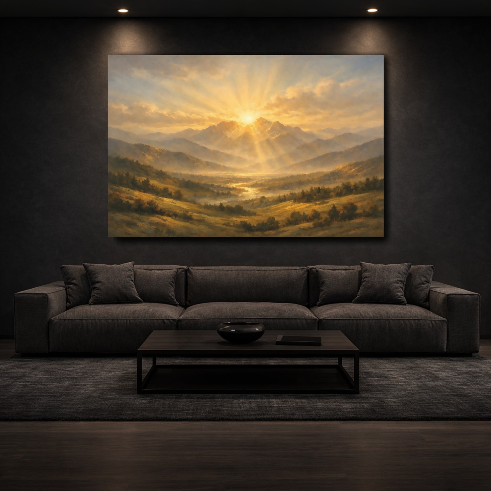 Mockup 2. Nature Mountains, Sunrays Golden Mountain Landscape shown as stretched canvas wall art