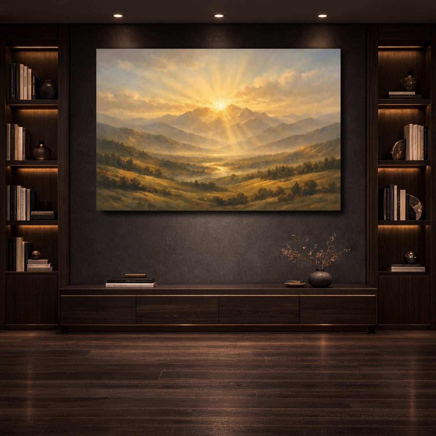 Mockup 3. Nature Mountains, Sunrays Golden Mountain Landscape shown as stretched canvas wall art