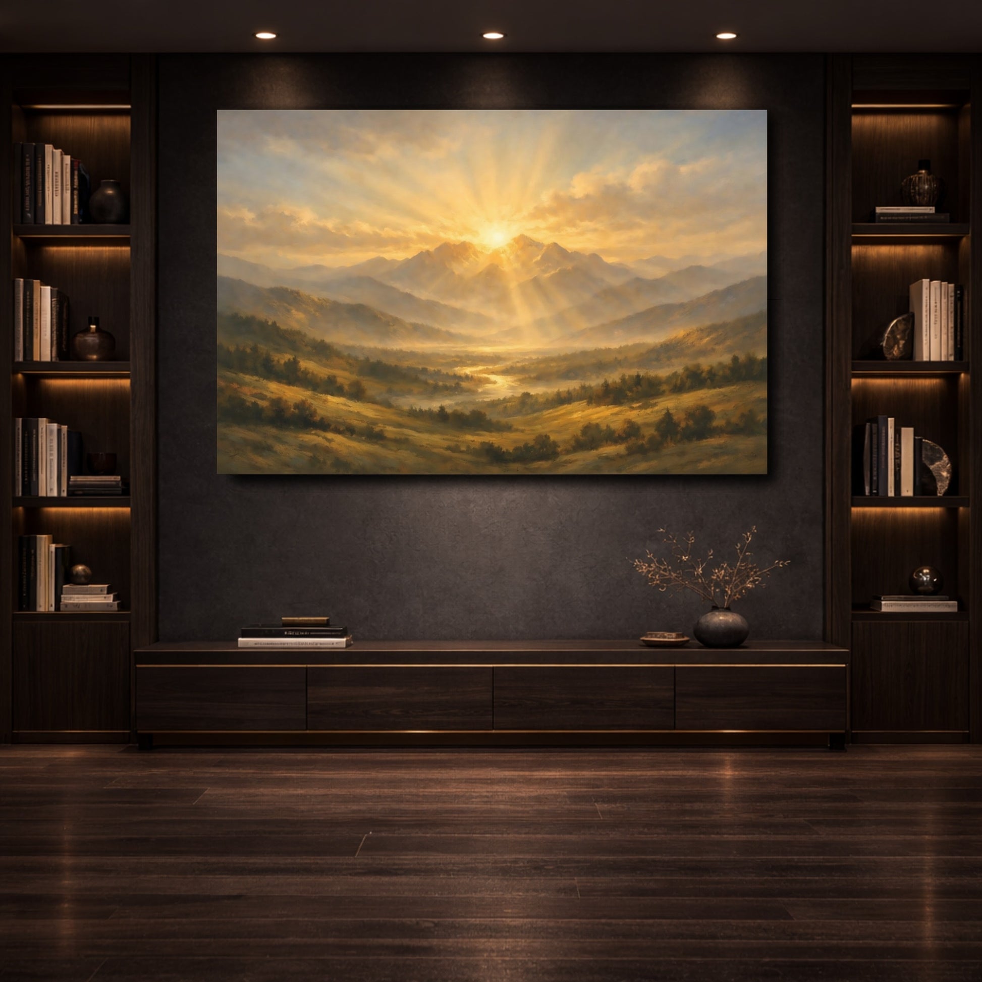 Mockup 3. Nature Mountains, Sunrays Golden Mountain Landscape shown as stretched canvas wall art