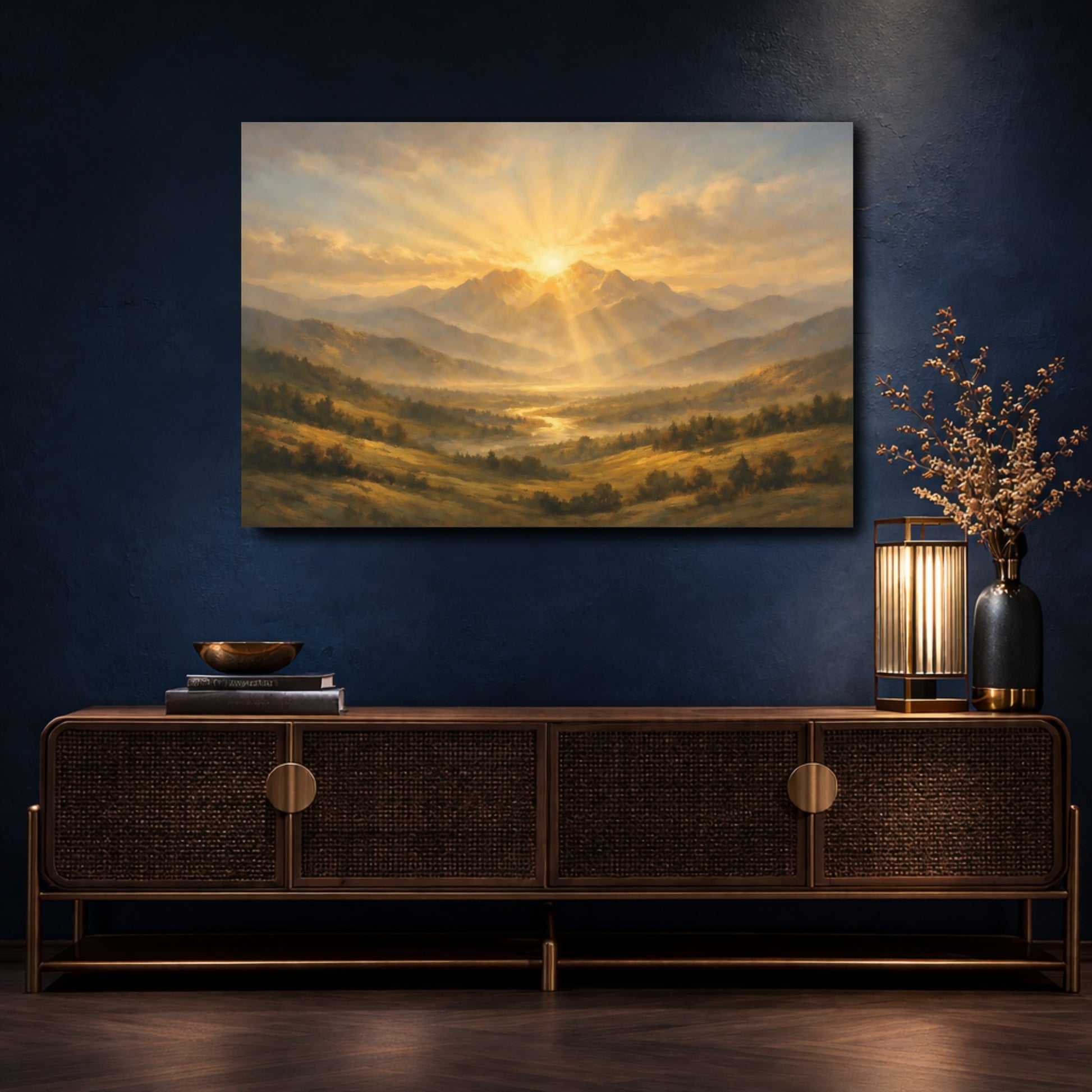 Mockup 4. Nature Mountains, Sunrays Golden Mountain Landscape shown as stretched canvas wall art