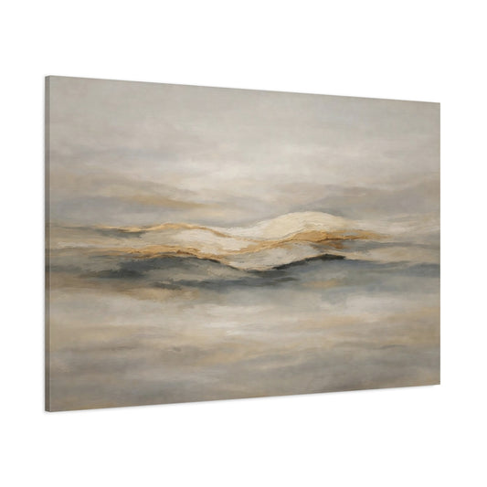 Main Mockup. Nature Mountainscape Gold And Grey shown as stretched canvas wall art