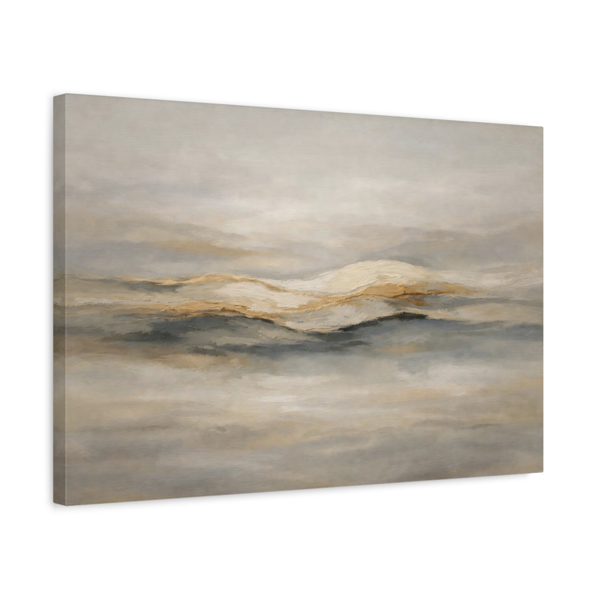 Side Mockup 3. Nature Mountainscape Gold And Grey shown as stretched canvas wall art