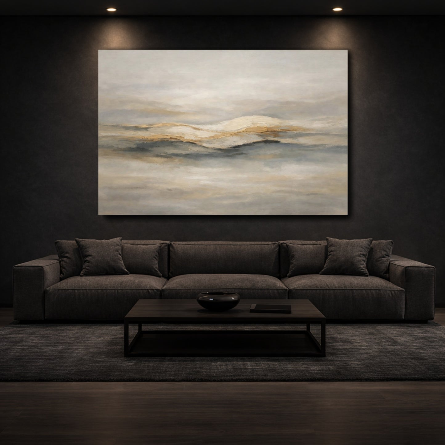 Mockup 2. Nature Mountainscape Gold And Grey shown as stretched canvas wall art