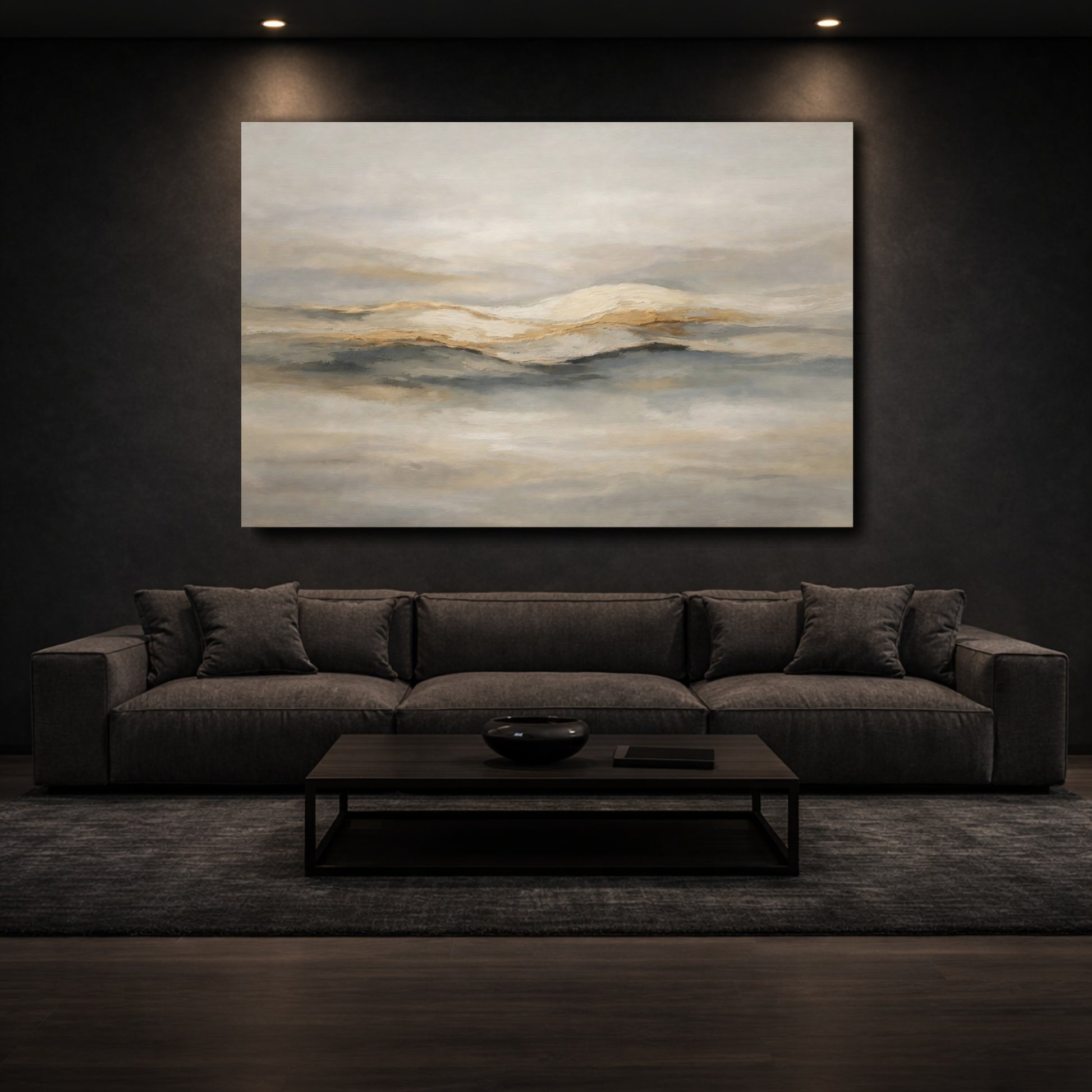 Mockup 2. Nature Mountainscape Gold And Grey shown as stretched canvas wall art
