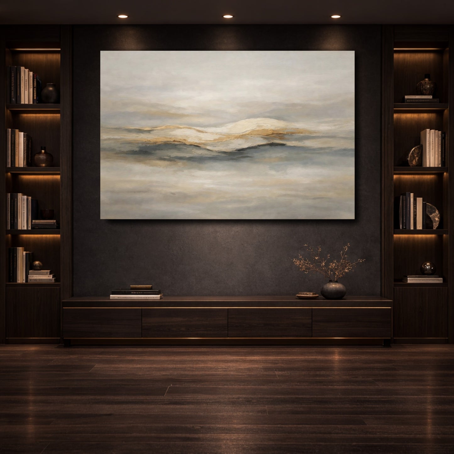 Mockup 3. Nature Mountainscape Gold And Grey shown as stretched canvas wall art