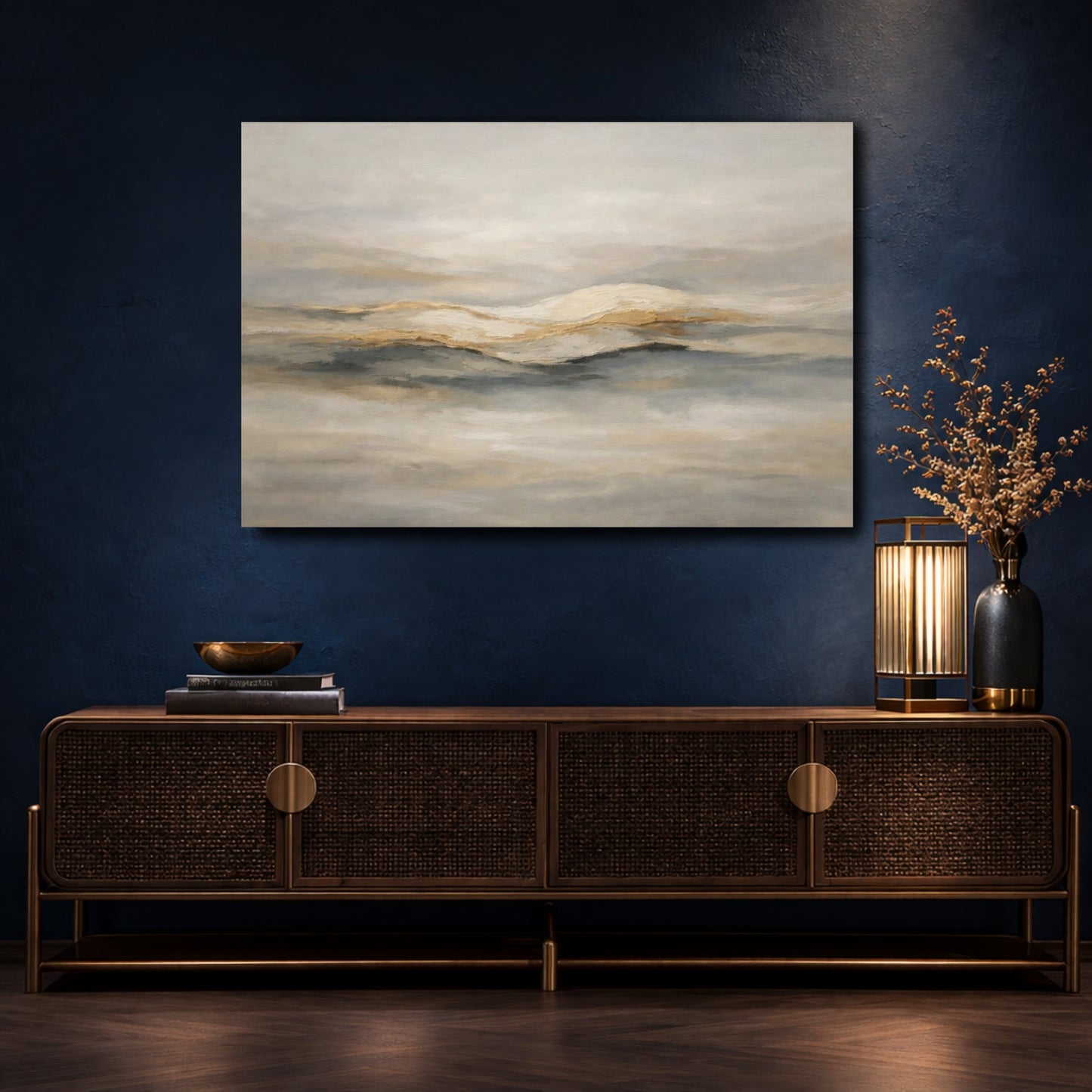 Mockup 4. Nature Mountainscape Gold And Grey shown as stretched canvas wall art