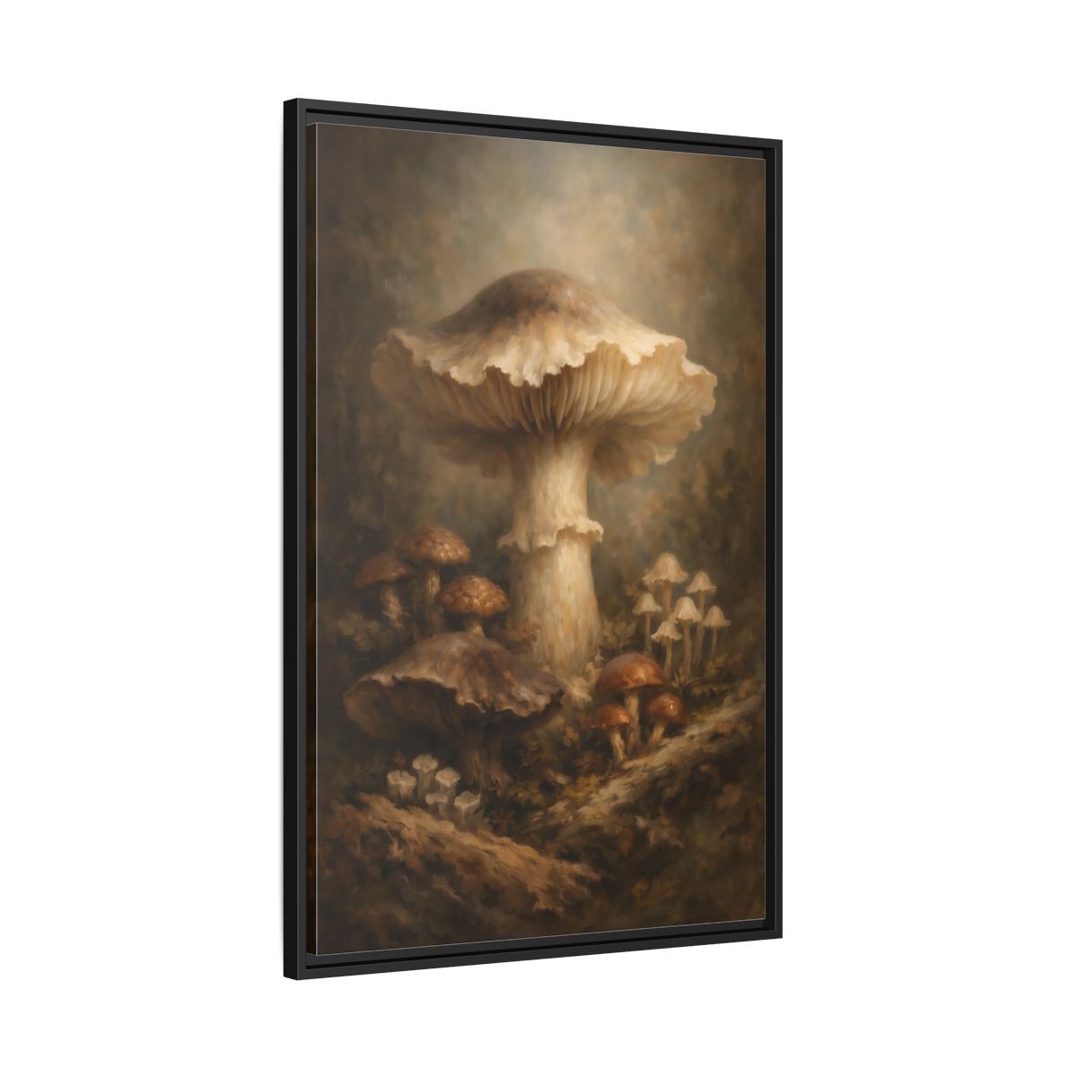 Side Mockup 13. Nature Mushrooms Brown And White Mushrooms shown as stretched canvas wall art