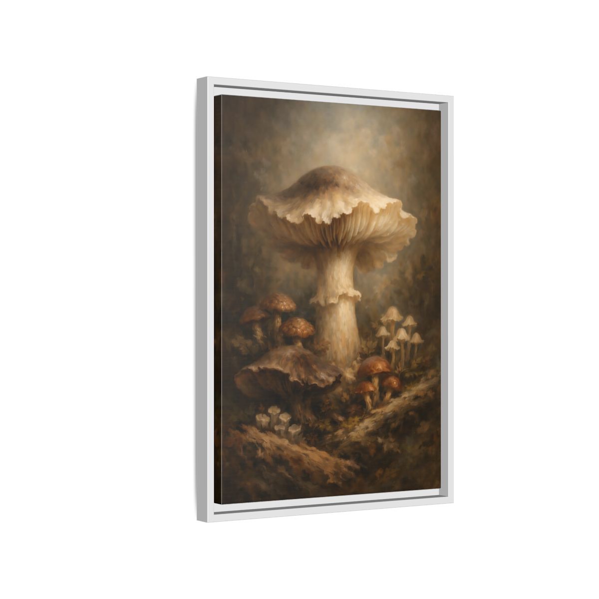 Side Mockup 1. Nature Mushrooms Brown And White Mushrooms shown as stretched canvas wall art