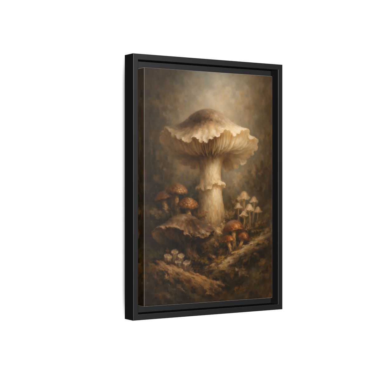 Side Mockup 6. Nature Mushrooms Brown And White Mushrooms shown as stretched canvas wall art