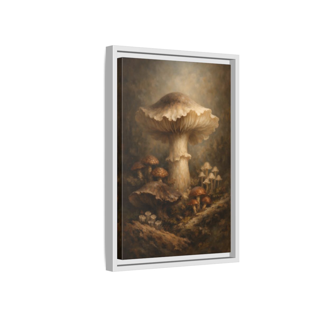 Side Mockup 4. Nature Mushrooms Brown And White Mushrooms shown as stretched canvas wall art