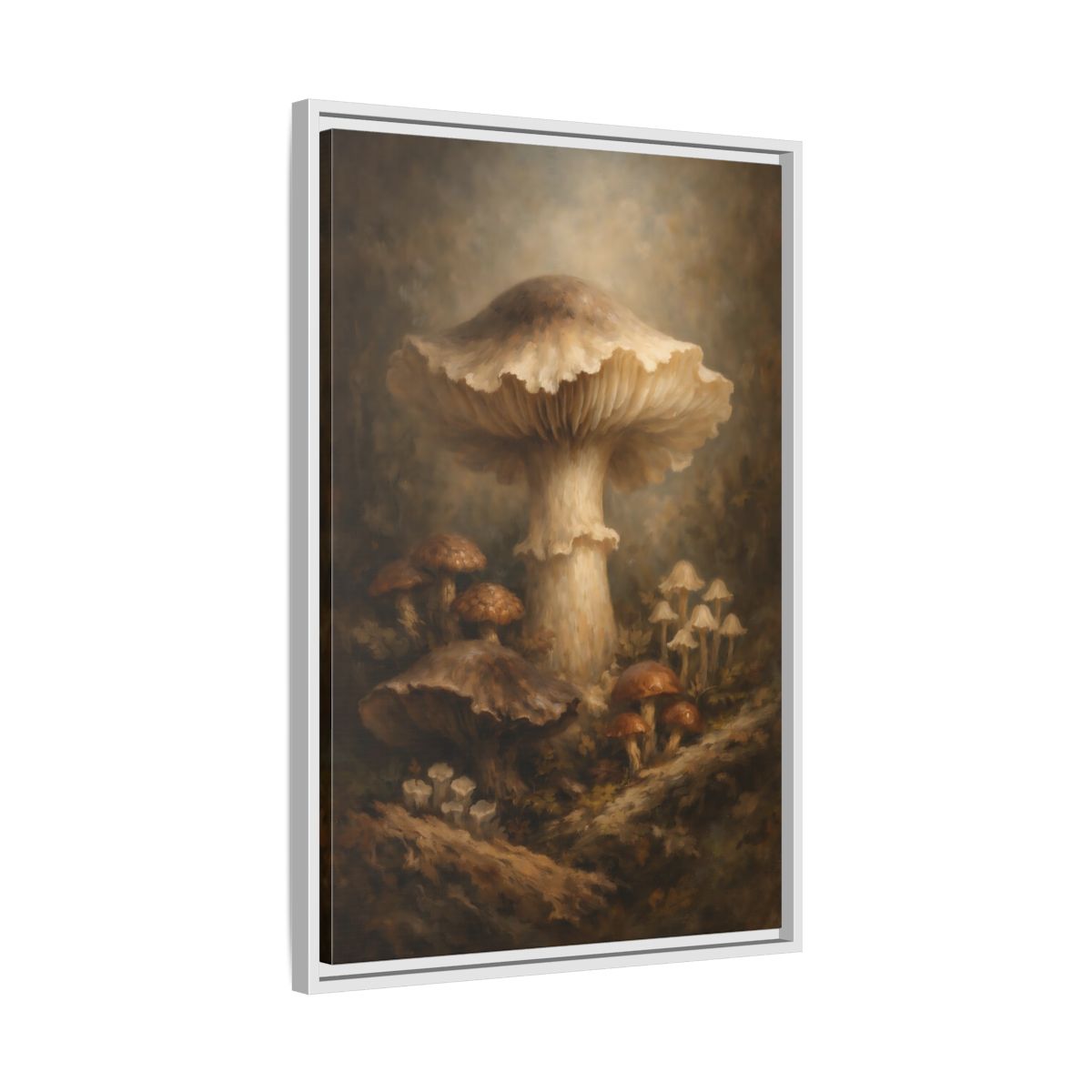 Side Mockup 11. Nature Mushrooms Brown And White Mushrooms shown as stretched canvas wall art