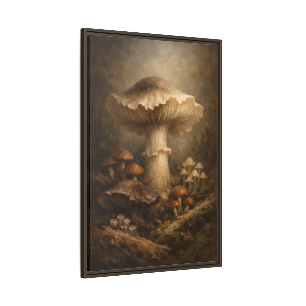 Side Mockup 10. Nature Mushrooms Brown And White Mushrooms shown as stretched canvas wall art