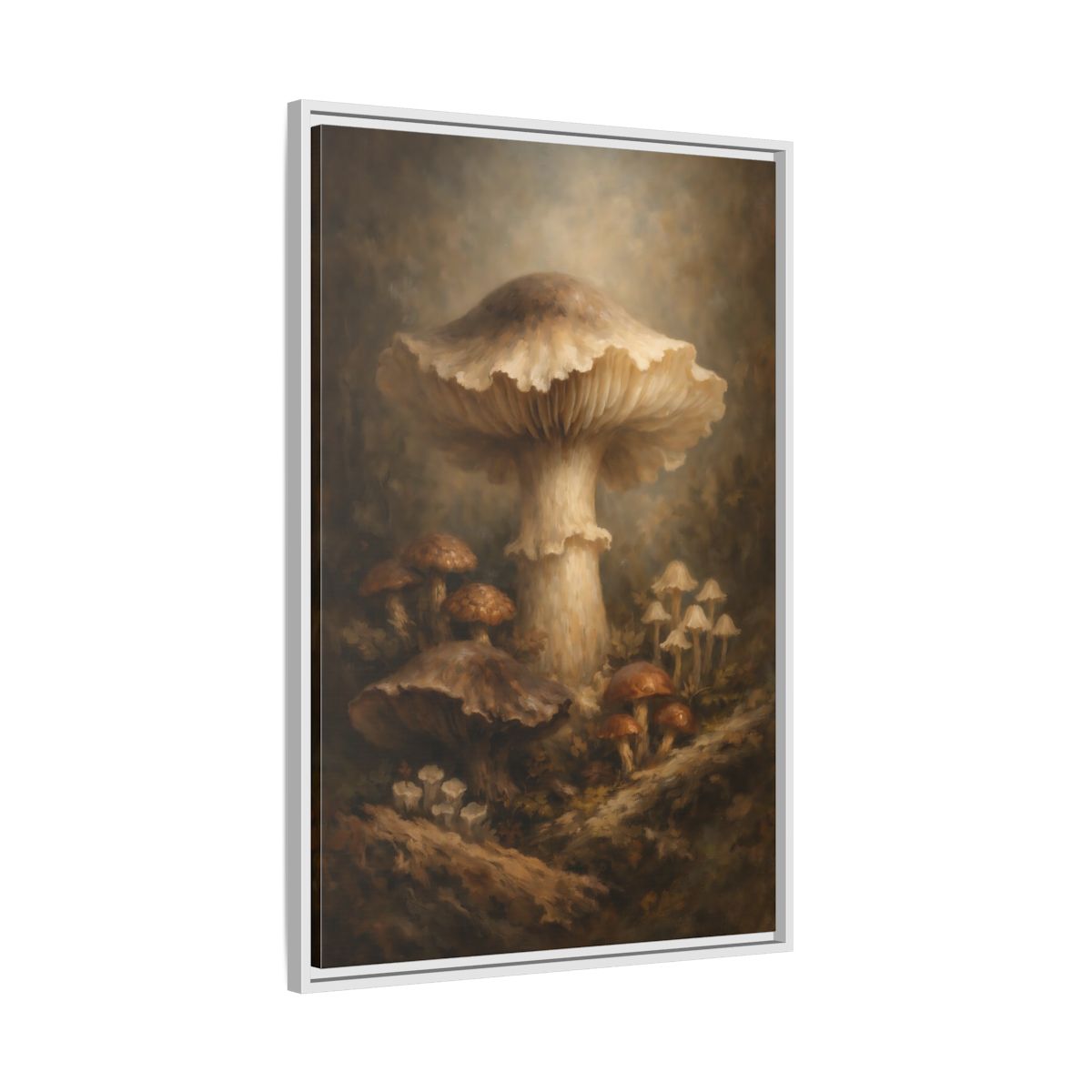 Side Mockup 9. Nature Mushrooms Brown And White Mushrooms shown as stretched canvas wall art