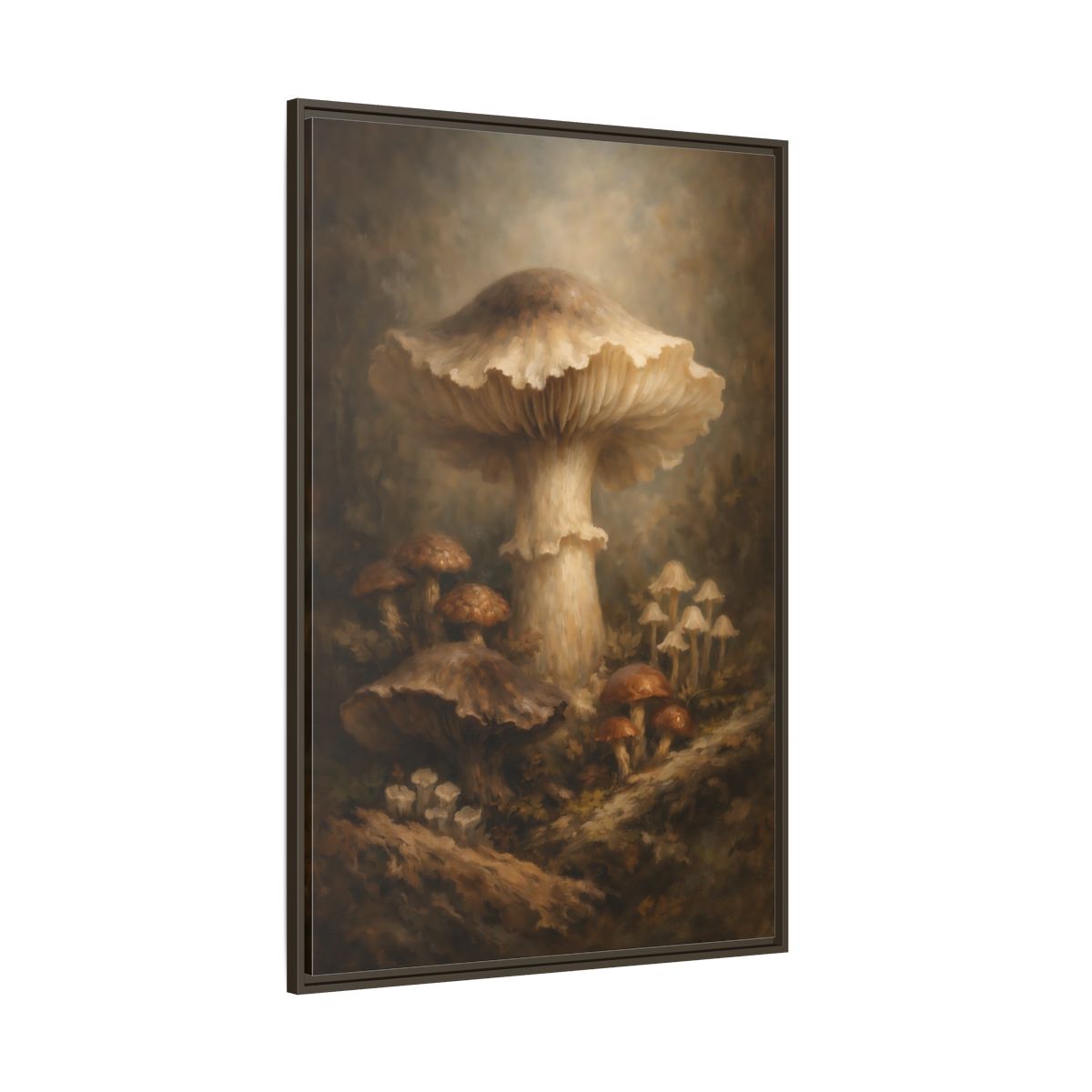 Side Mockup 8. Nature Mushrooms Brown And White Mushrooms shown as stretched canvas wall art