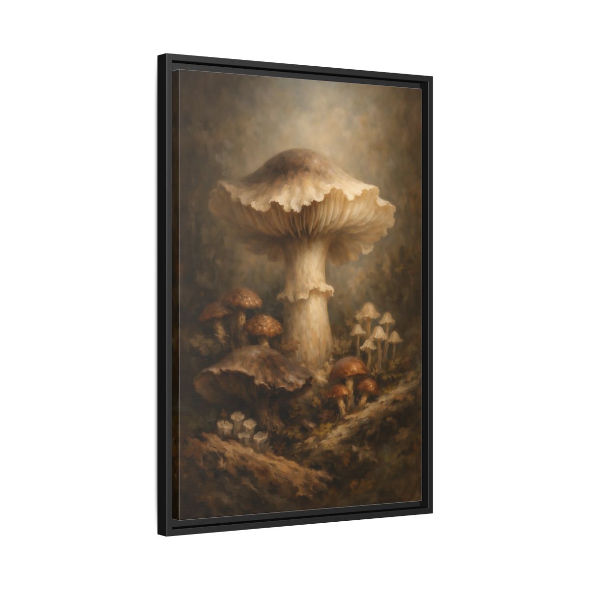 Side Mockup 14. Nature Mushrooms Brown And White Mushrooms shown as stretched canvas wall art