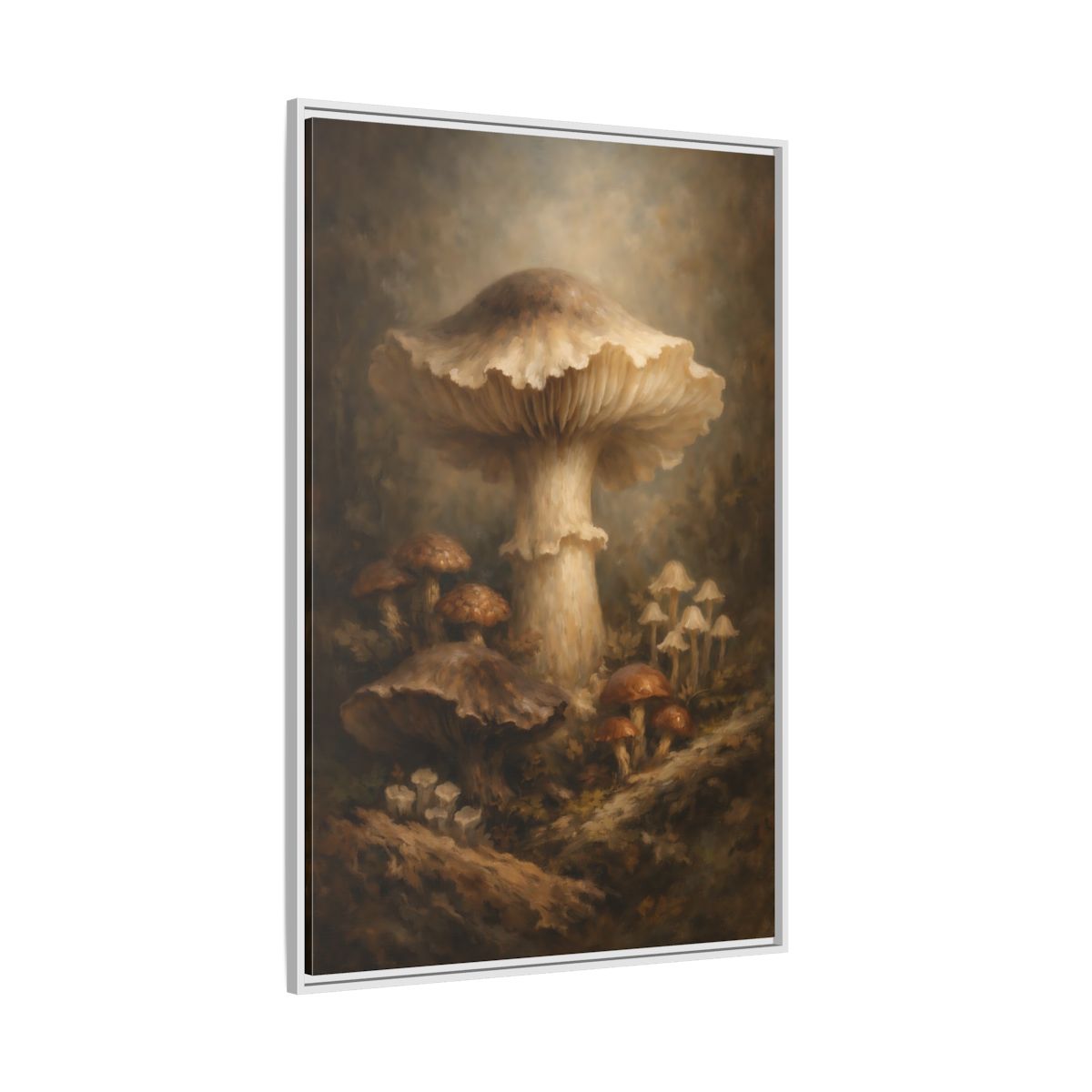 Side Mockup 7. Nature Mushrooms Brown And White Mushrooms shown as stretched canvas wall art