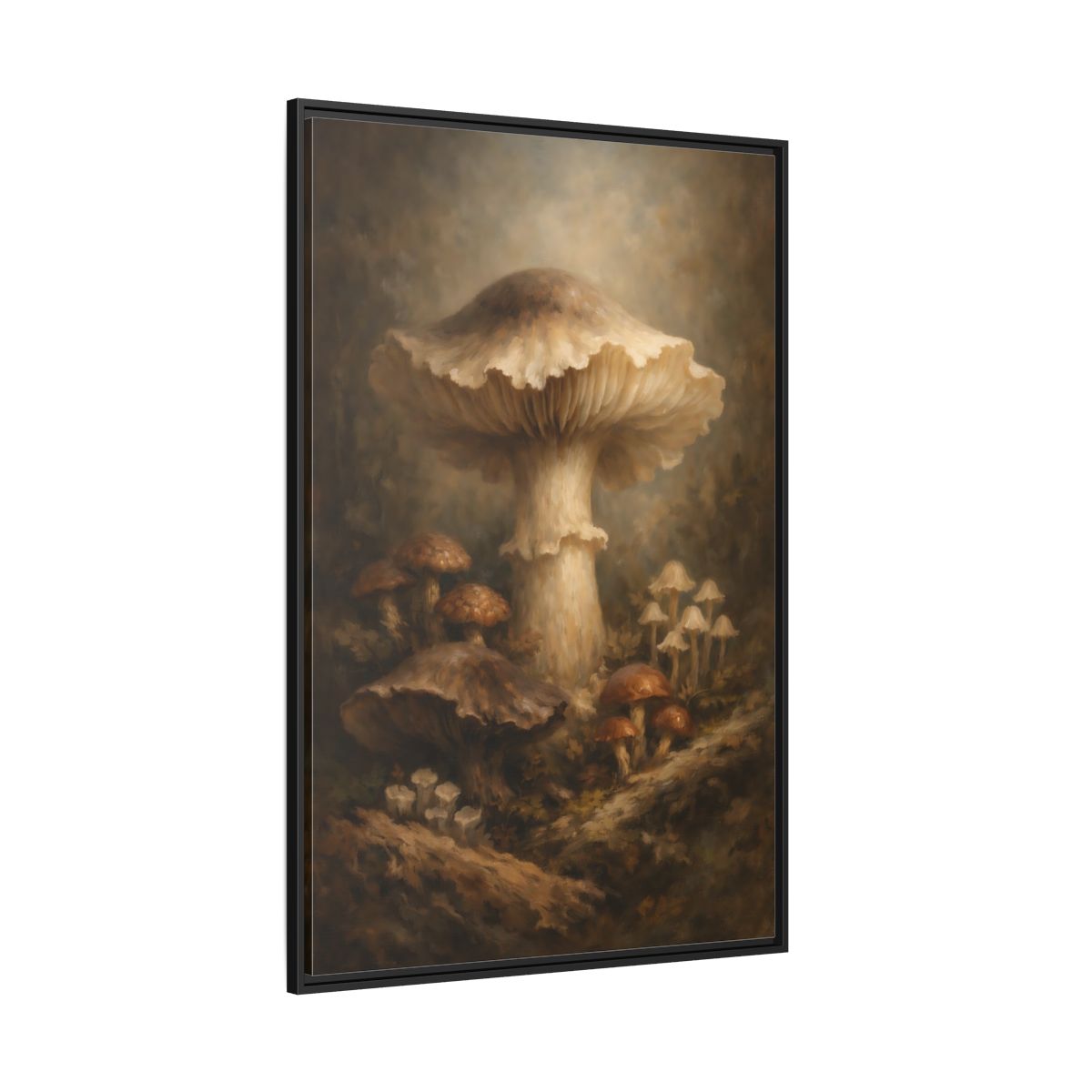 Main Mockup. Nature Mushrooms Brown And White Mushrooms shown as stretched canvas wall art