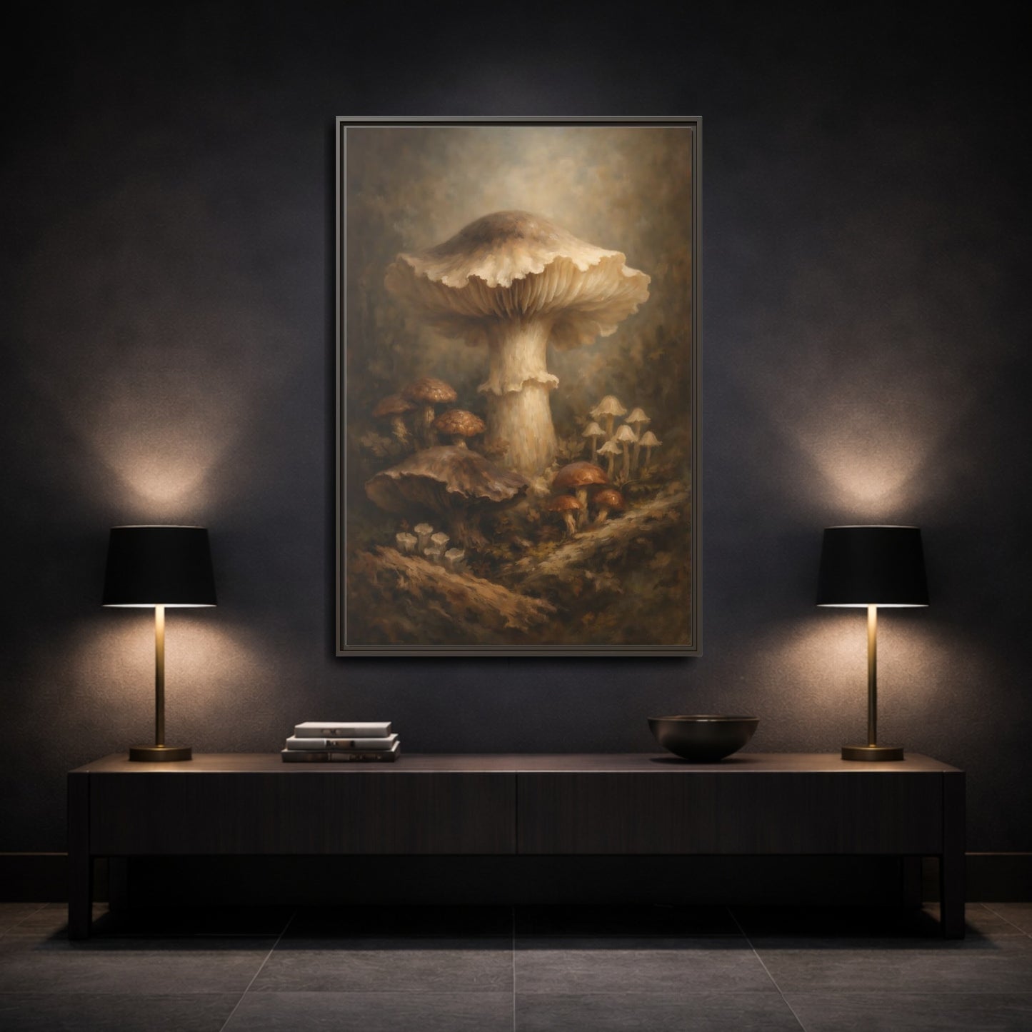 Mockup 2. Nature Mushrooms Brown And White Mushrooms shown as stretched canvas wall art