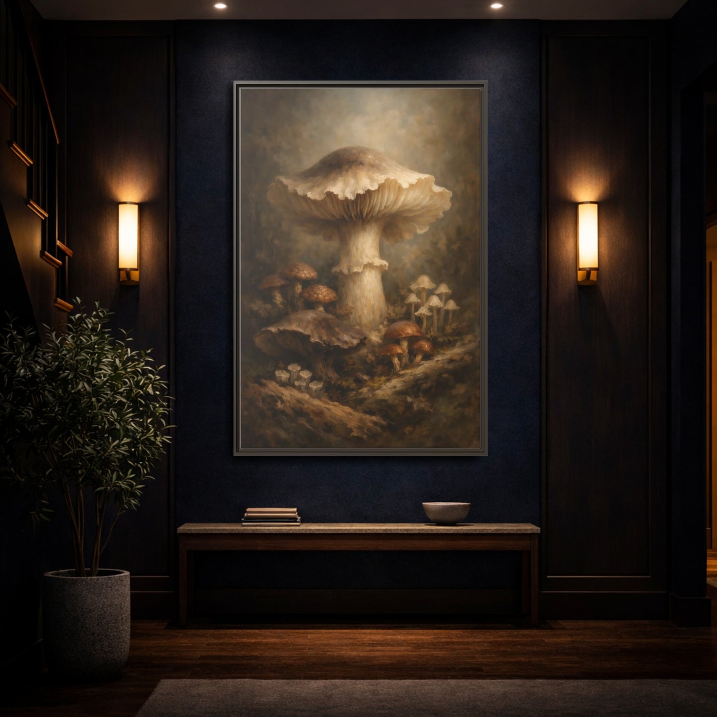 Mockup 3. Nature Mushrooms Brown And White Mushrooms shown as stretched canvas wall art