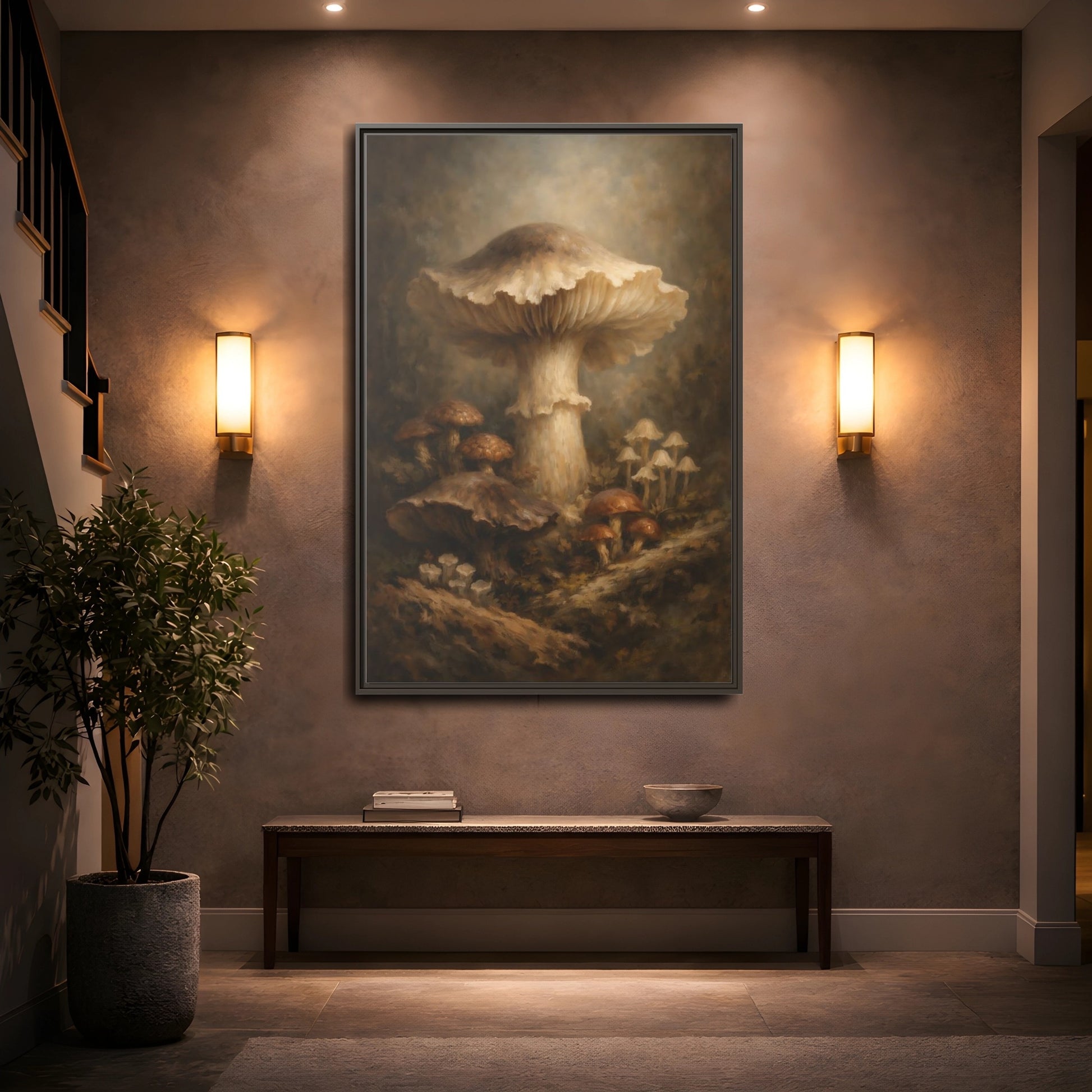 Mockup 4. Nature Mushrooms Brown And White Mushrooms shown as stretched canvas wall art