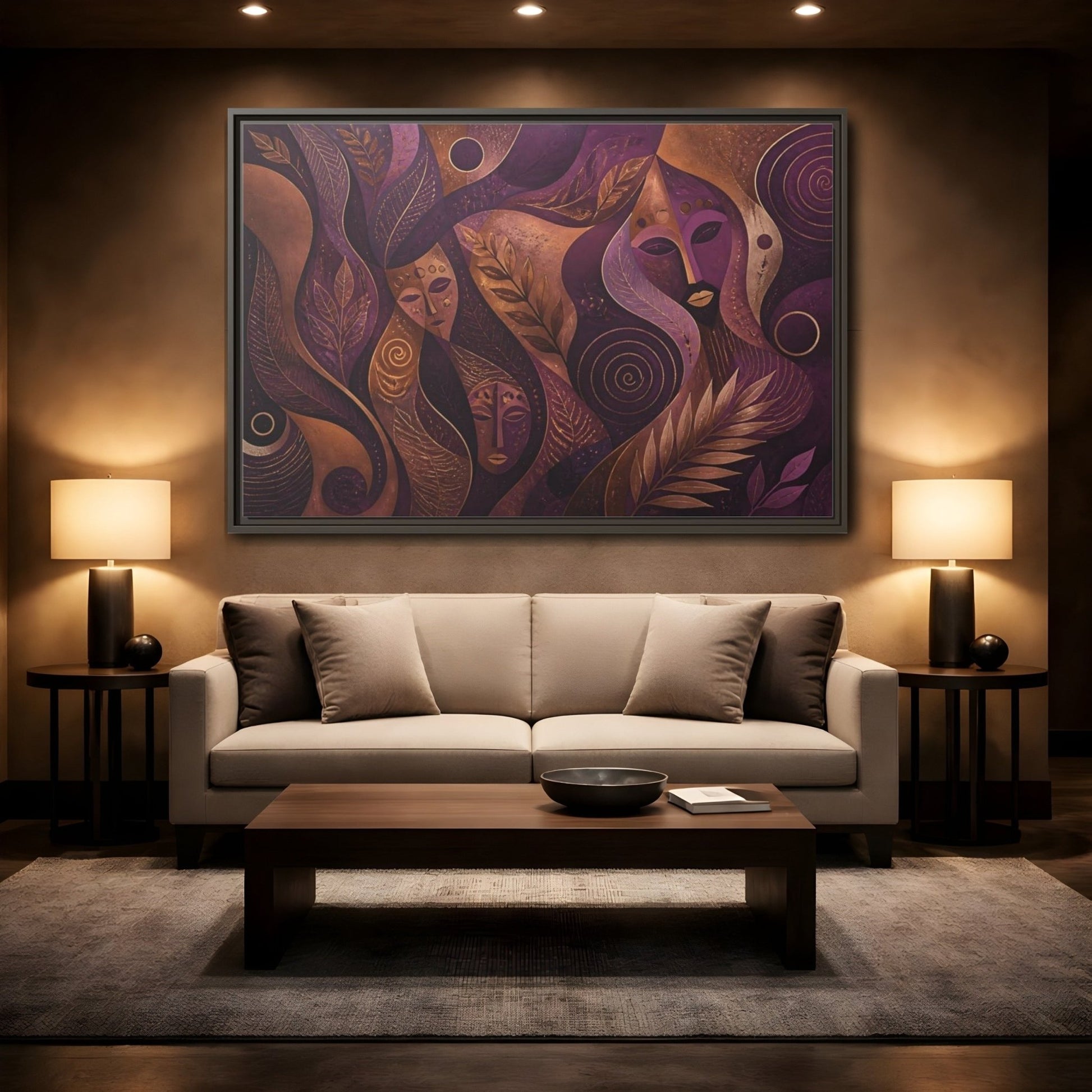 Nature Mystical Faces Purple Gold Abstract Framed Canvas Print – Living Room, Above Console Table - YesArtYes