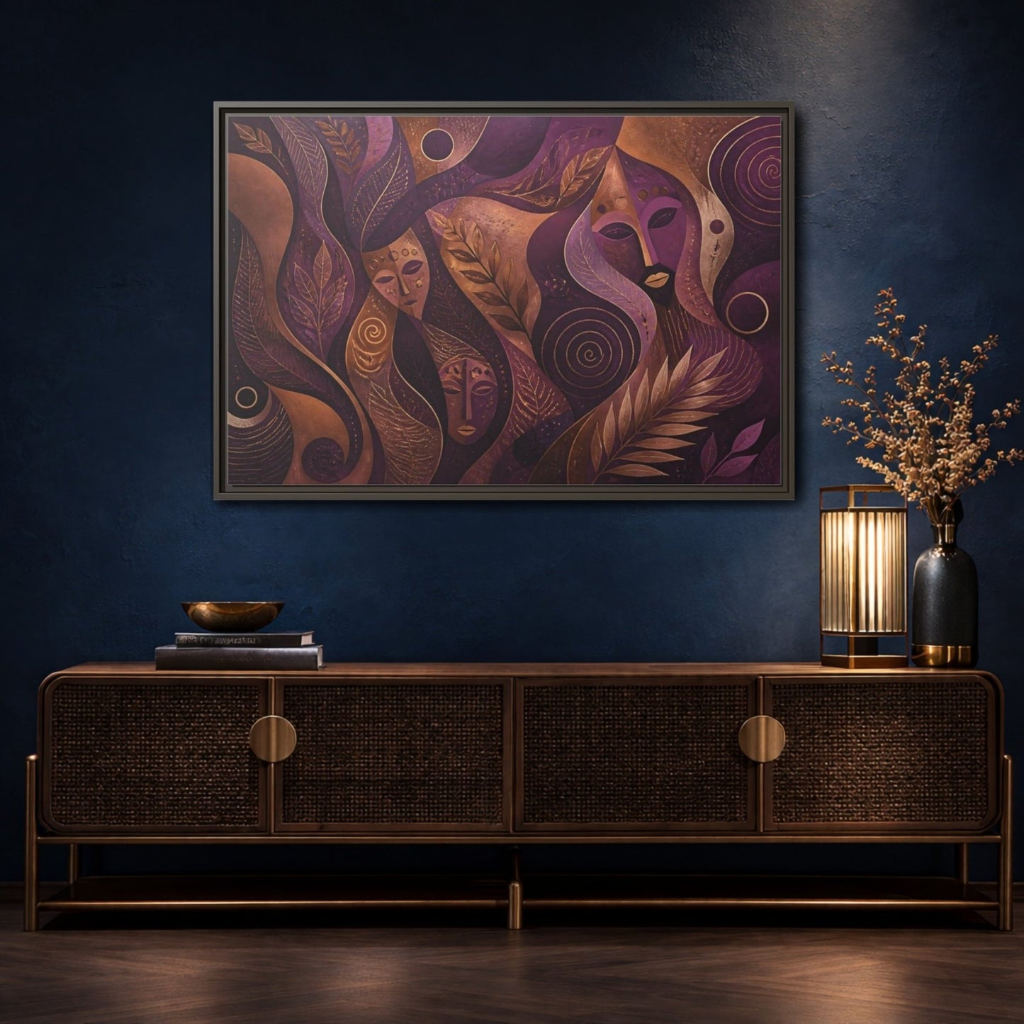 Nature Mystical Faces Purple Gold Abstract Framed Canvas Print – Living Room, Above Console Table - YesArtYes