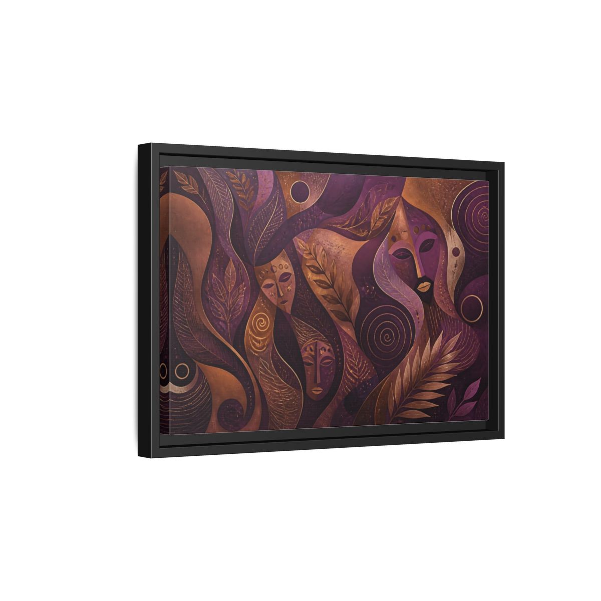 Side Mockup 6. Nature Mystical Faces Purple Gold Abstract shown as framed canvas print