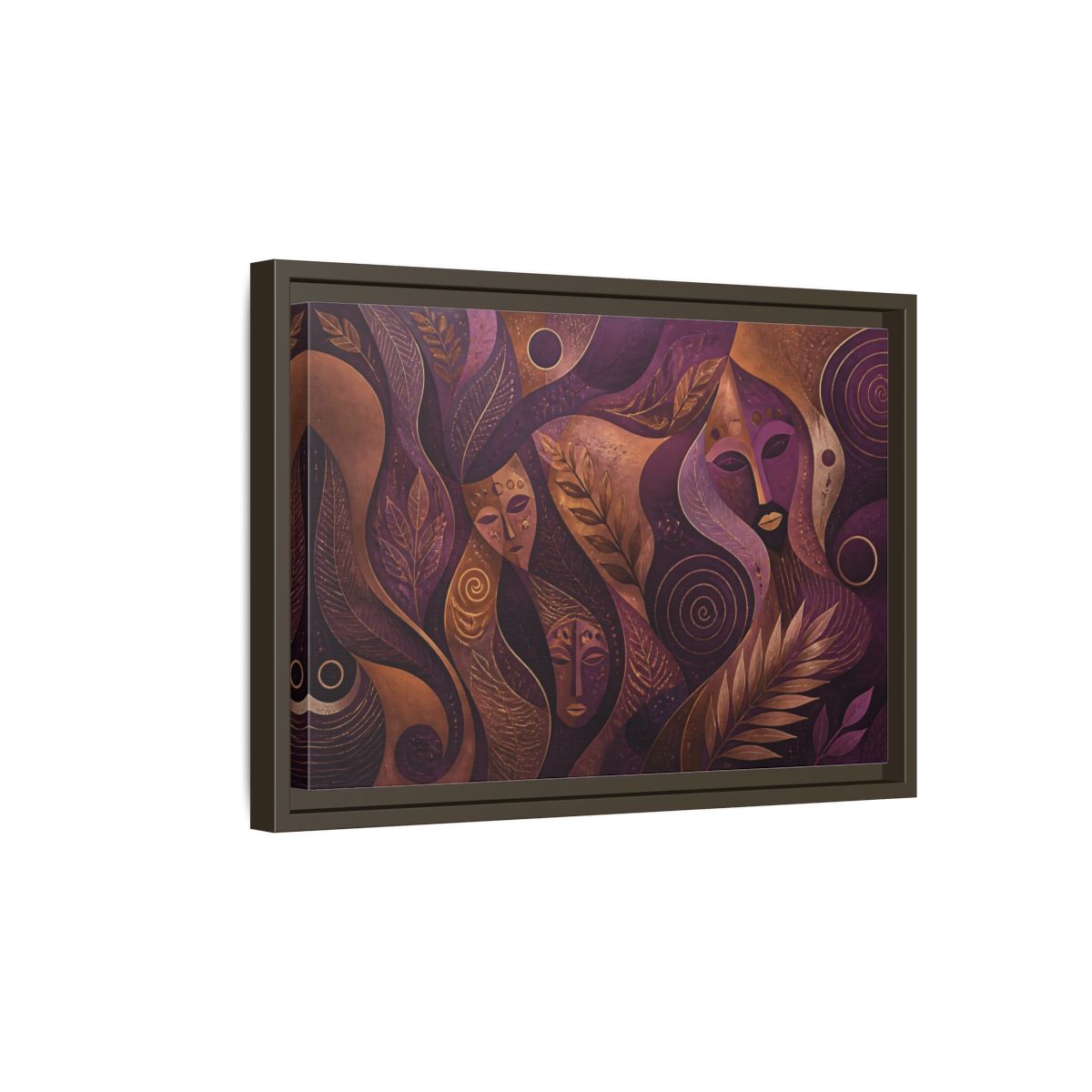 Side Mockup 5. Nature Mystical Faces Purple Gold Abstract shown as framed canvas print