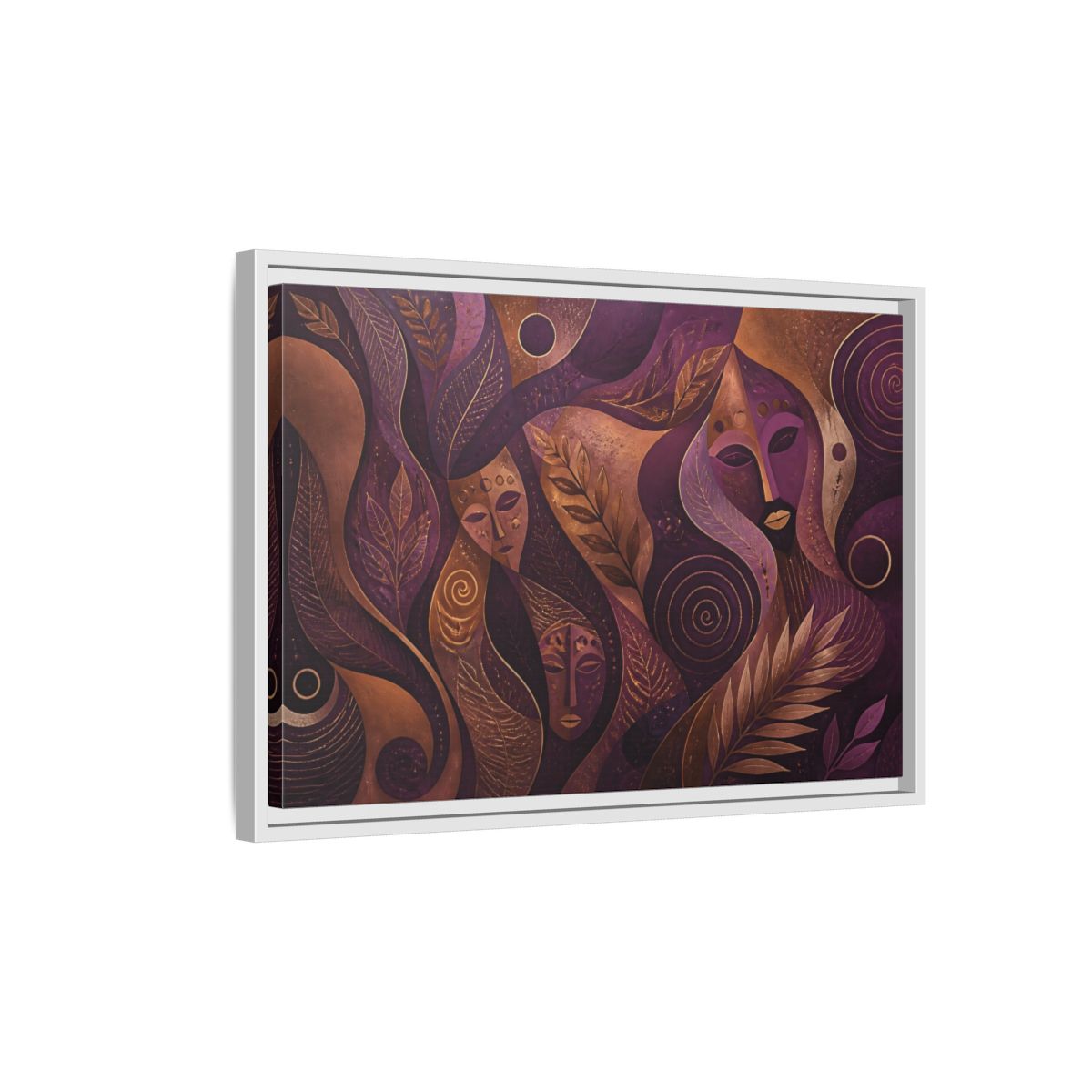 Side Mockup 1. Nature Mystical Faces Purple Gold Abstract shown as framed canvas print