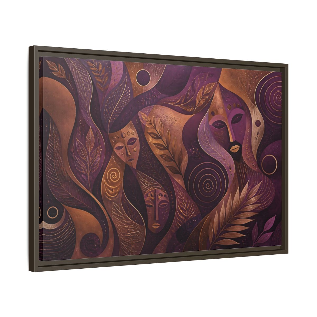 Side Mockup 11. Nature Mystical Faces Purple Gold Abstract shown as framed canvas print