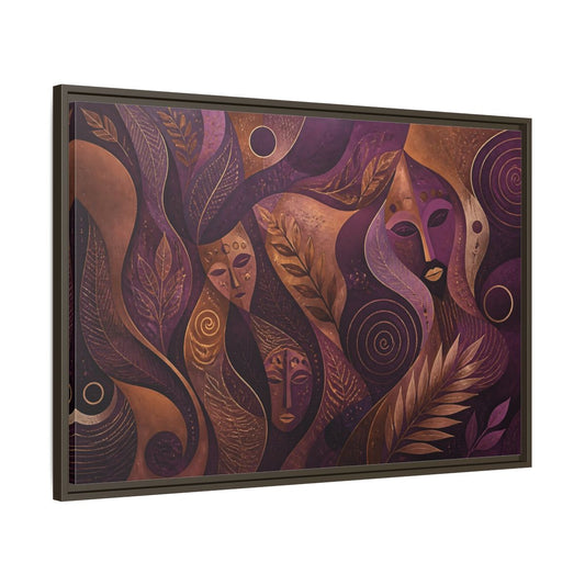 Main Mockup. Nature Mystical Faces Purple Gold Abstract shown as framed canvas print