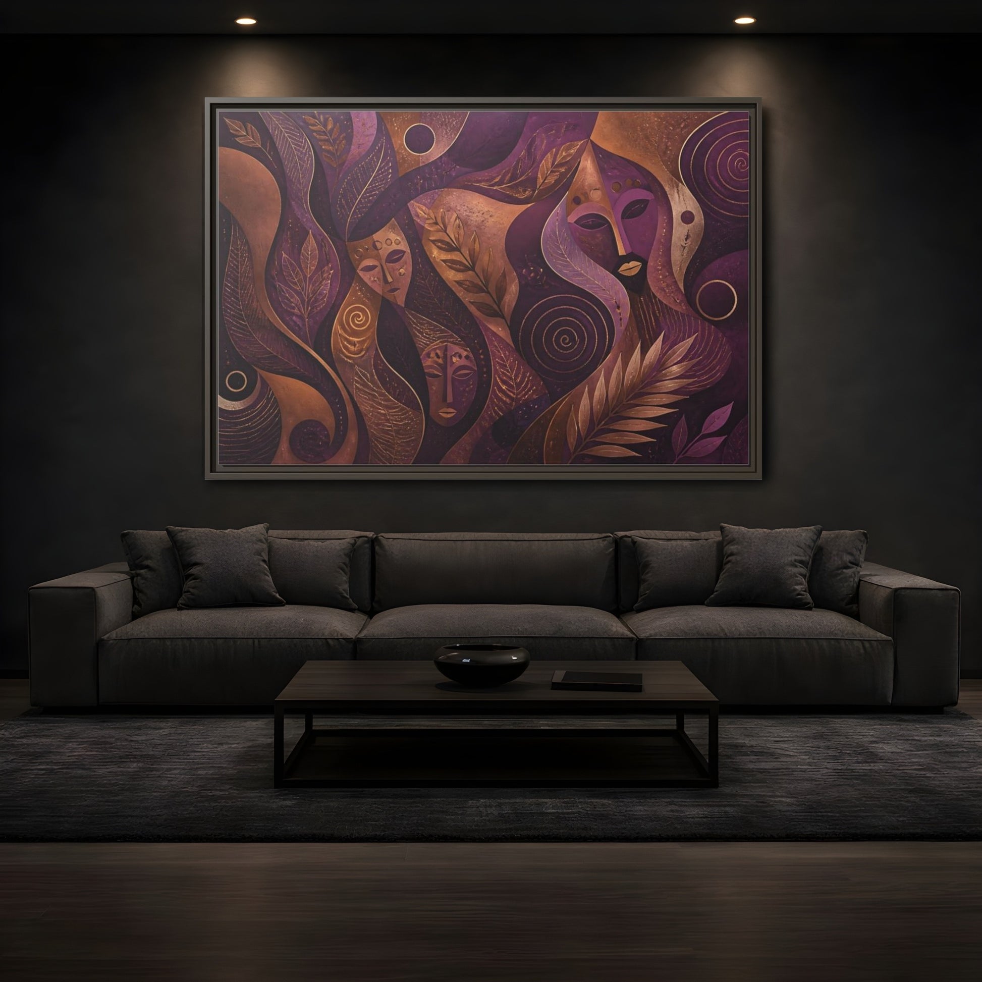 Mockup 3. Nature Mystical Faces Purple Gold Abstract shown as framed canvas print