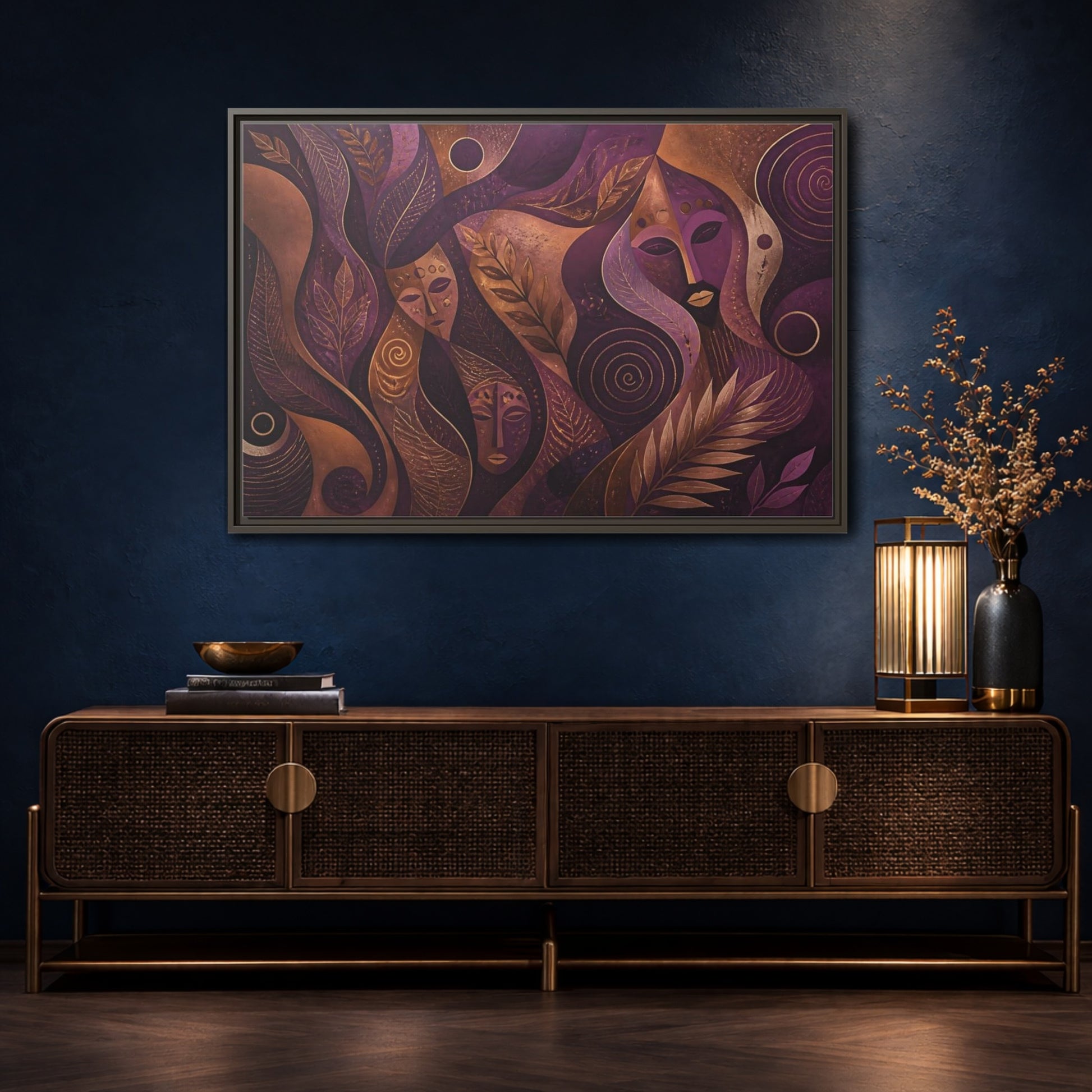 Mockup 4. Nature Mystical Faces Purple Gold Abstract shown as framed canvas print