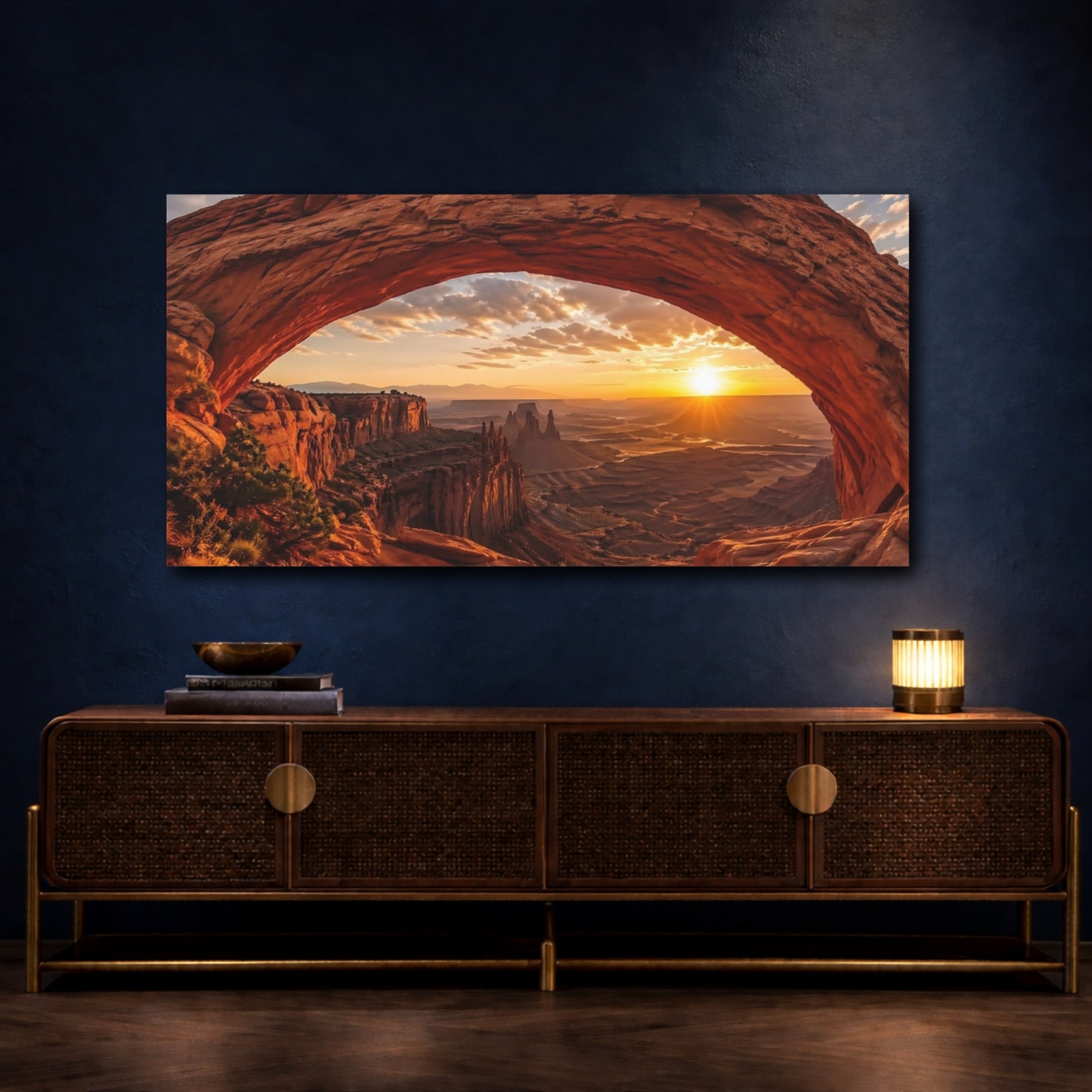 Mockup 3. Nature Natural Arch Desert Sunset shown as stretched canvas wall art