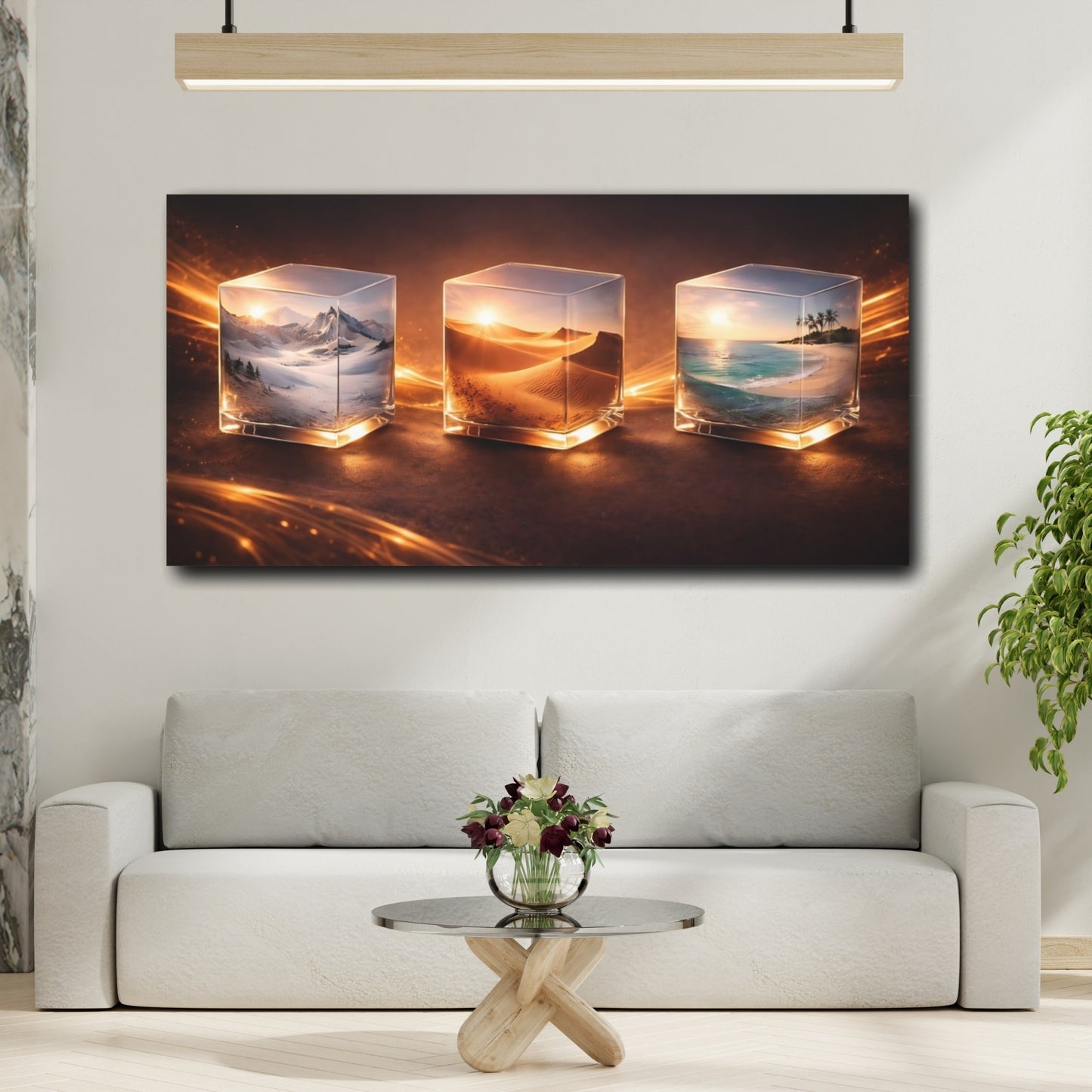 Mockup 3. Nature Nature Cubes Golden Nature shown as stretched canvas wall art